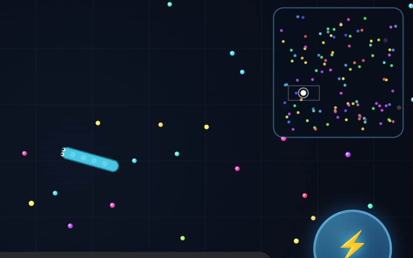 Neon snake game screenshot with a blue snake moving among colorful pellets on a dark grid background