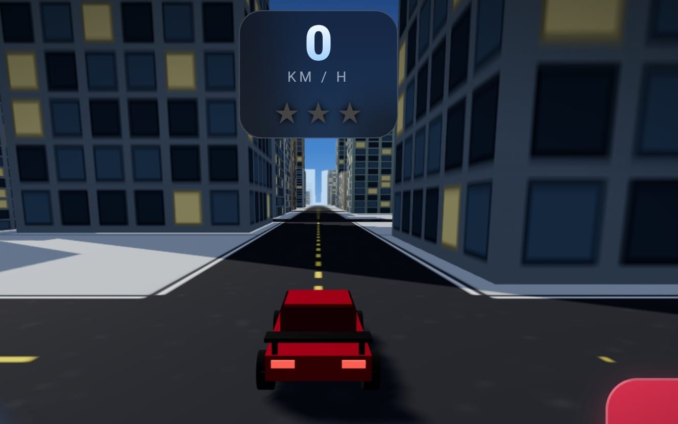Red arcade racing car driving forward in a city street with speed HUD showing KM/H and stars