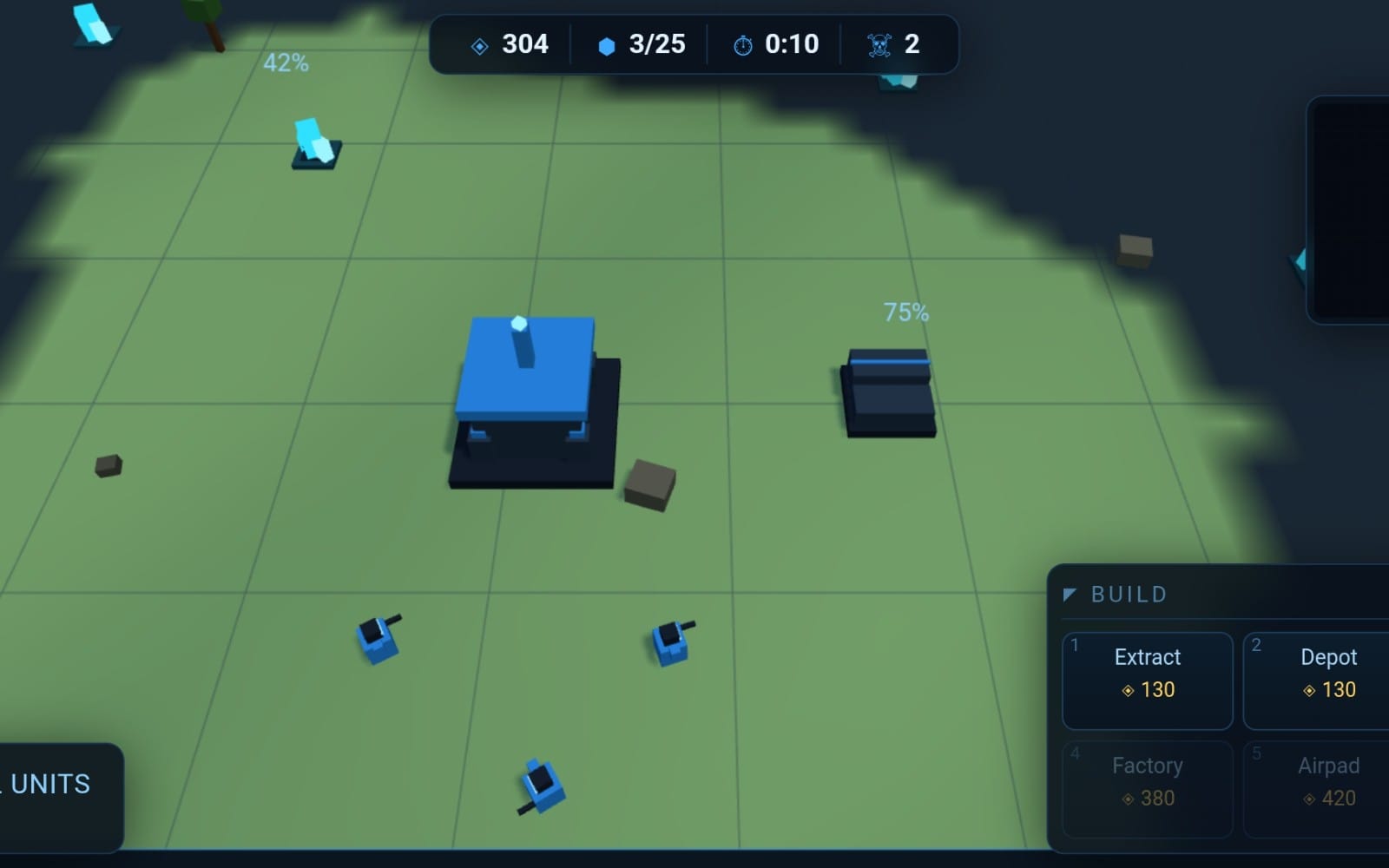 Futuristic RTS game screen showing robot units, base structures, and build menu on a grid map