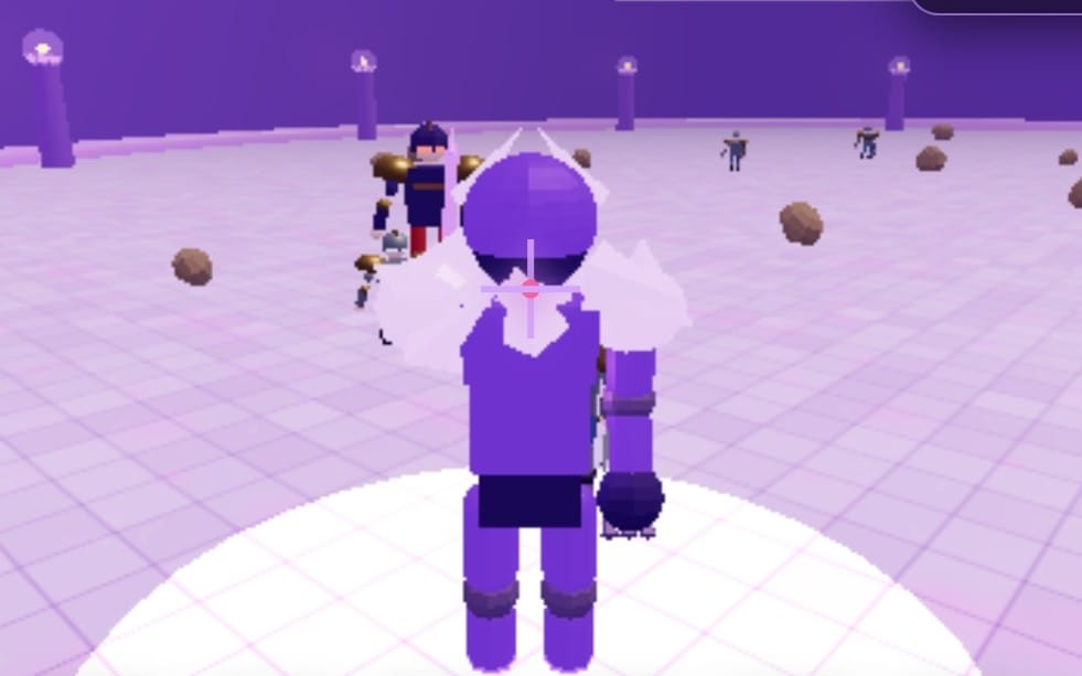 Game screenshot of a dungeon boss character in a purple voxel-style arena battle