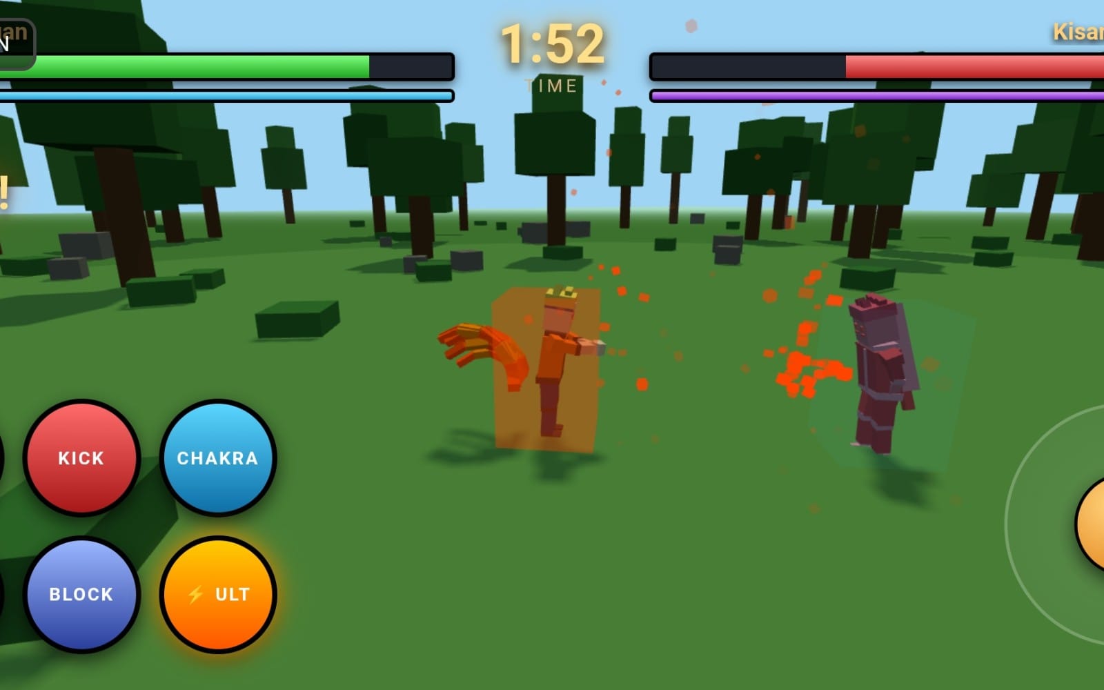 3D blocky Naruto combat gameplay screenshot with two characters in a forest arena and action buttons