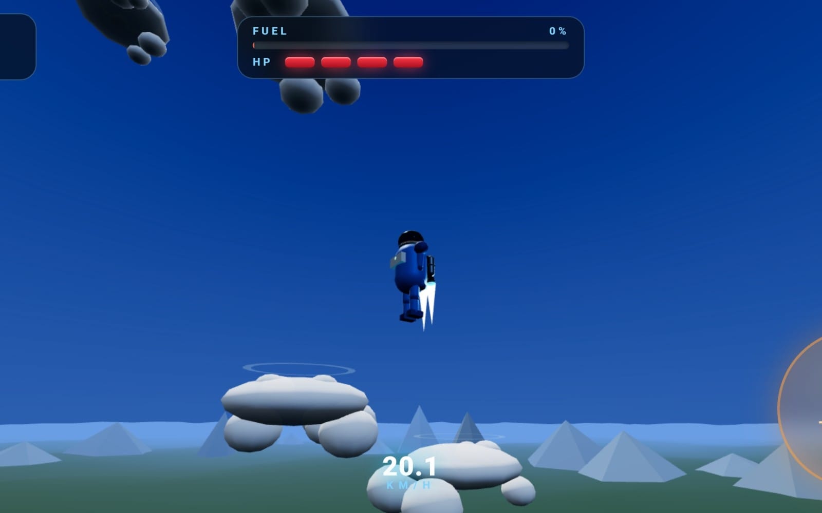 Futuristic jetpack runner character hovering above rocky terrain with a fuel and HP HUD, game UI screenshot