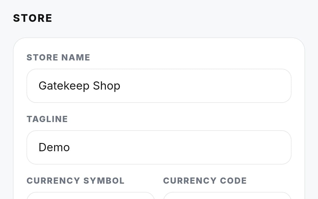 Telegram mini app storefront template form with store name, tagline, and currency fields