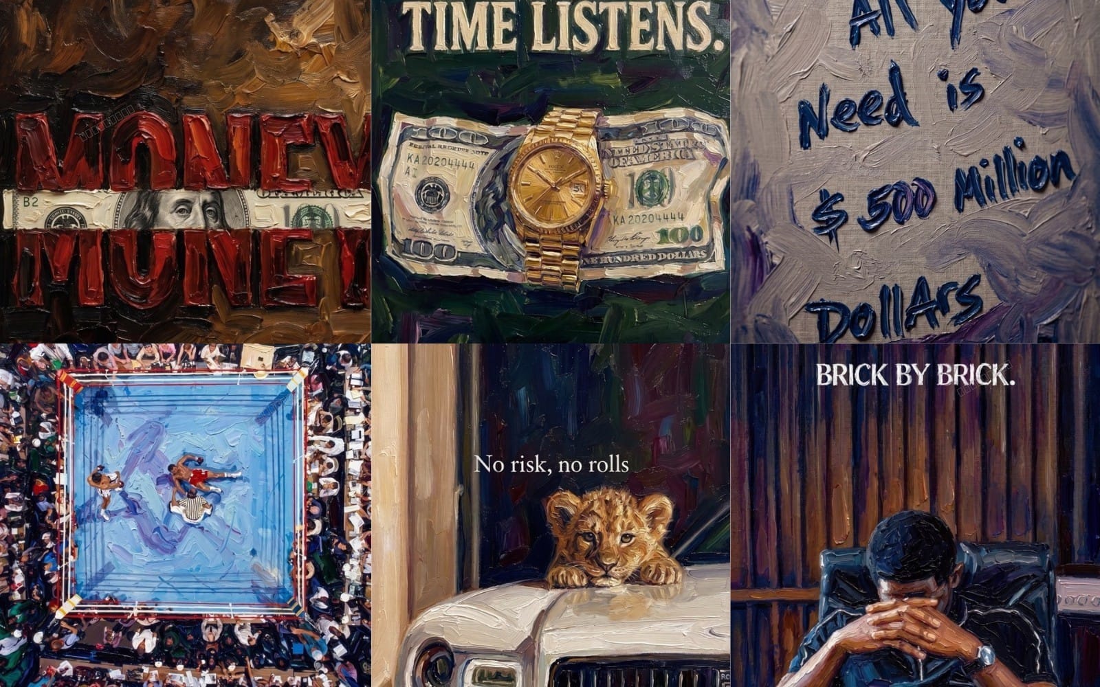 Collage of oil painting style phone wallpapers with money and success motifs, including cash, watch, dog, and quotes