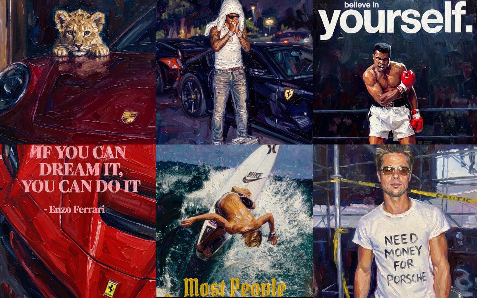 Collage of six wealth-themed oil painting aesthetic wallpapers with cars, boxer, athlete, lion, and motivational text