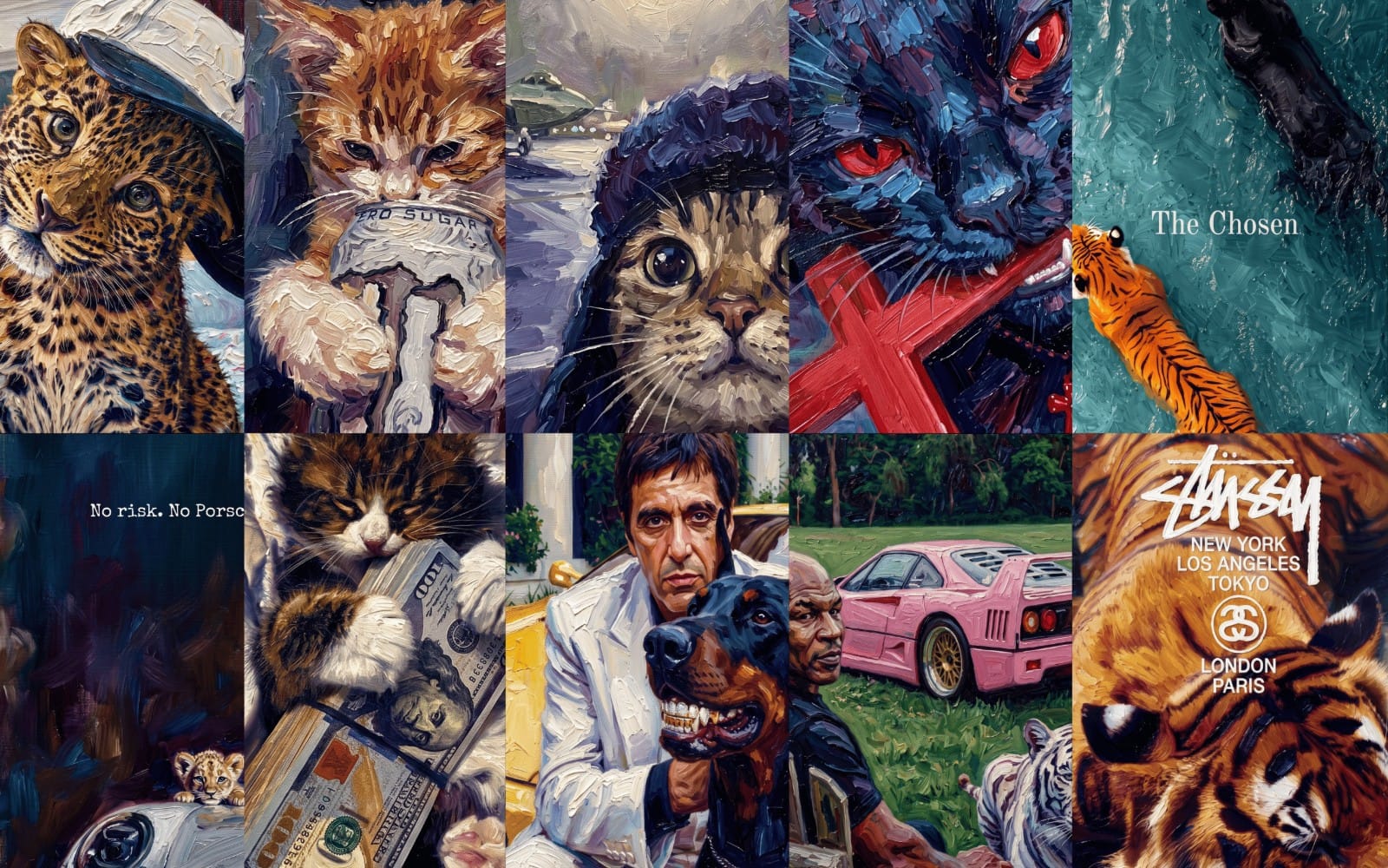 Collage of oil-style animal portraits and texture artworks as a 10-poster wallpapers pack