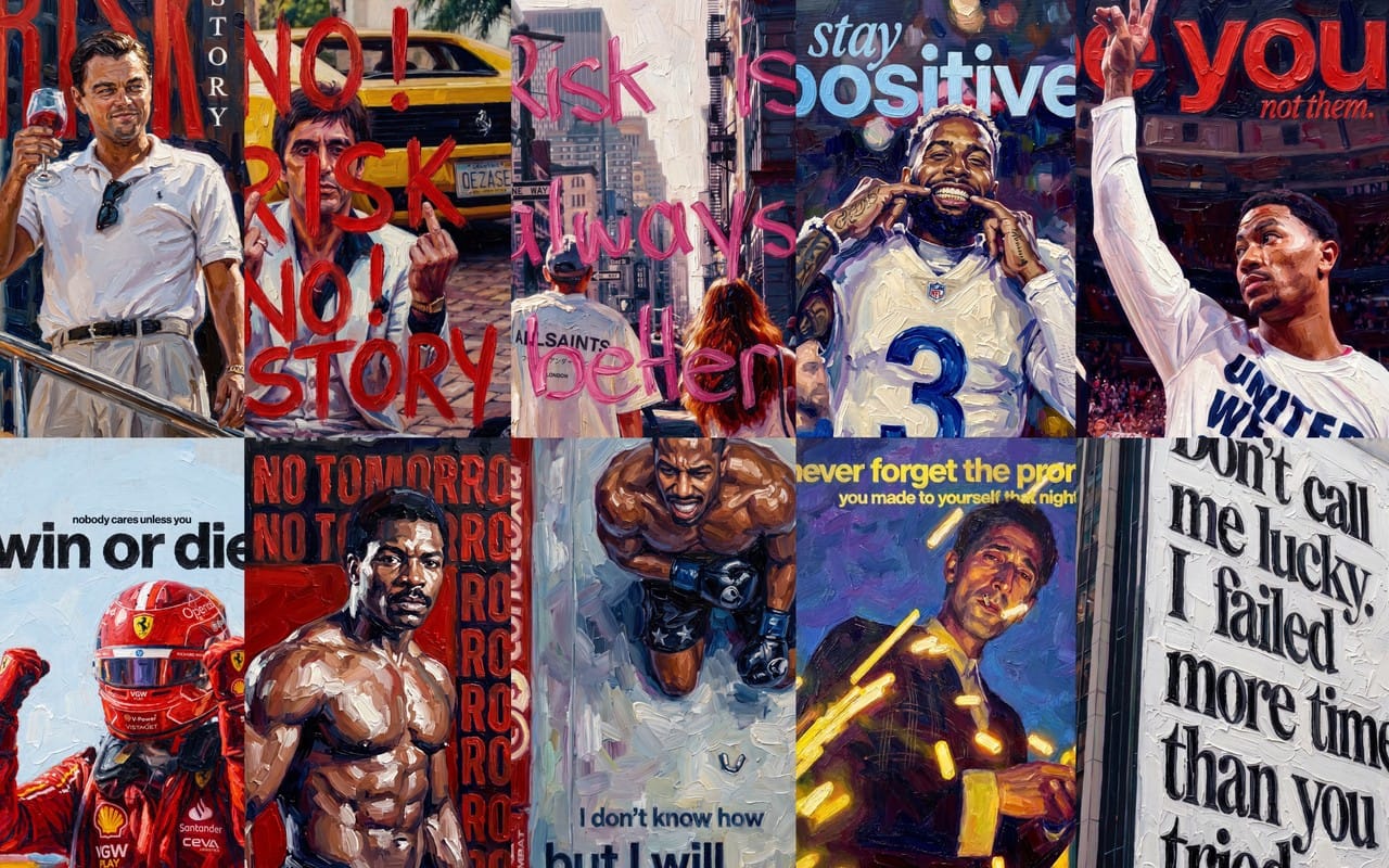 Collage of bold oil painting style phone wallpaper designs with inspirational text and varied success and risk themes