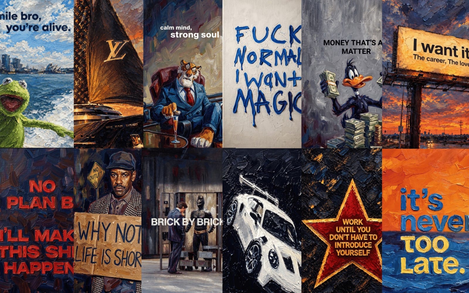 Collage of luxury oil painting-style motivational phone wallpapers with money, success, and success quotes