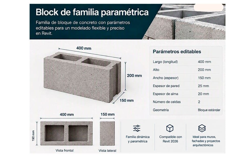 Bloque de concreto paramétrico para Revit 2026 con dimensiones y parámetros editables en una familia dinámica BIMFlex