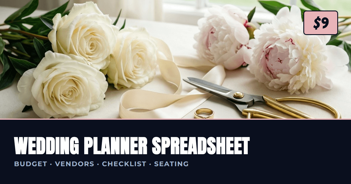 Wedding planner spreadsheet cover: budget, vendors, 12-month checklist, RSVP guest list and seating chart, dark and gold design