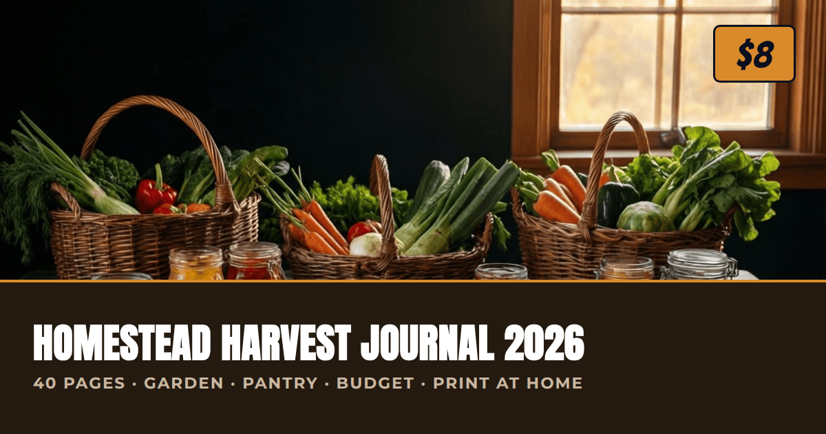 Homestead Harvest Journal 2026 printable cover: rustic harvest table with baskets and jars, 40-page A4 and Letter planner for garden beds, preservation logs, monthly budgets and a 2027 calendar