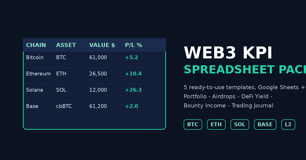 Web3 KPI Spreadsheet Pack cover: spreadsheet grid with BTC ETH SOL Base rows and green P/L column