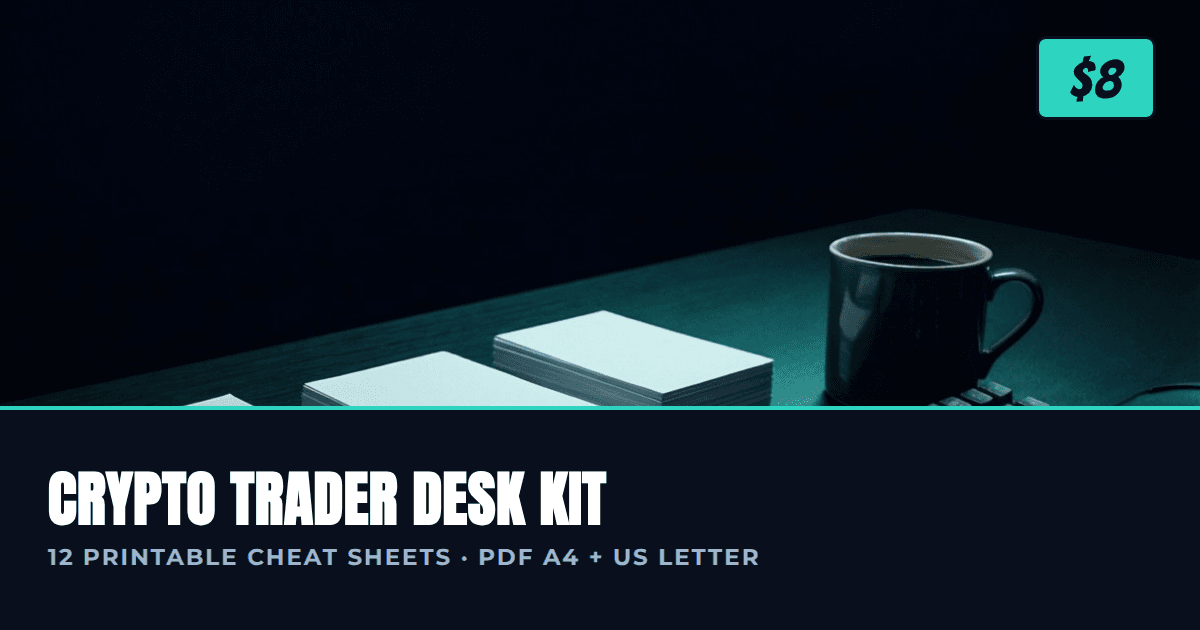 Crypto Trader Desk Kit cover: neat stacks of printable cheat sheets with teal accent title bar