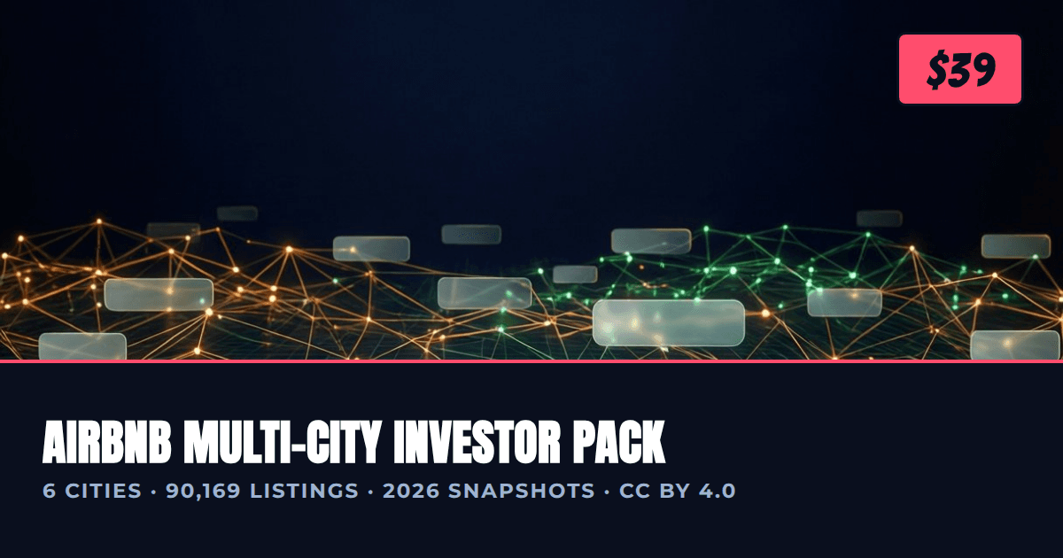 Cover for the Airbnb multi-city investor data pack: dark abstract data scene with pink accent bars and product title text