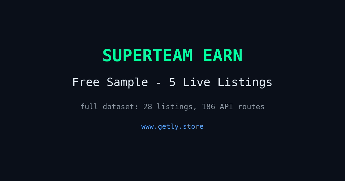 Free sample of the Superteam Earn live listings dataset: 5 listings with rewards, deadlines, and sponsors
