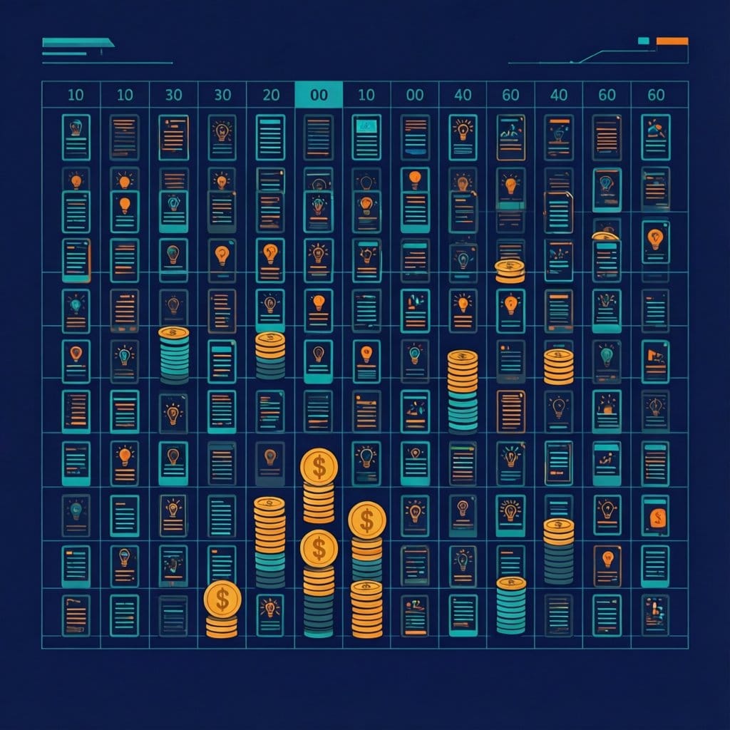 Grid of stacked app-like cards with lightbulb icons and coins, cover art for 100 niche SaaS ideas guide