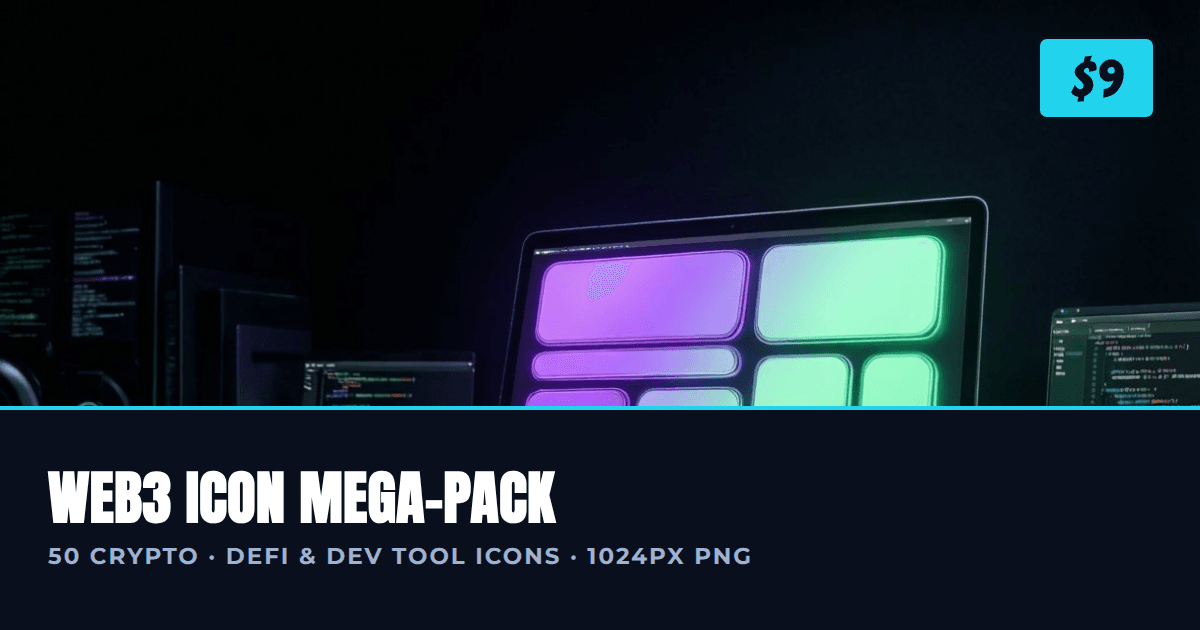 Web3 Icon Mega-Pack cover: abstract gradient rounded-rect blocks with accent title bar