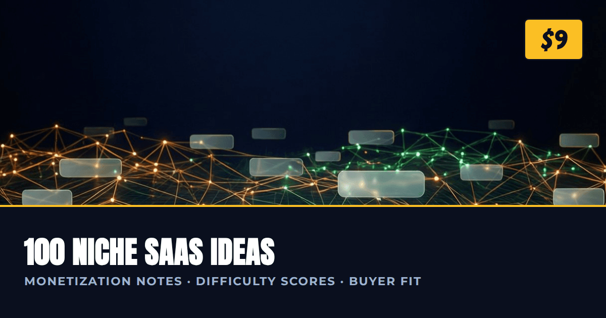 100 Niche SaaS Ideas cover: dark data-viz network with accent title bar