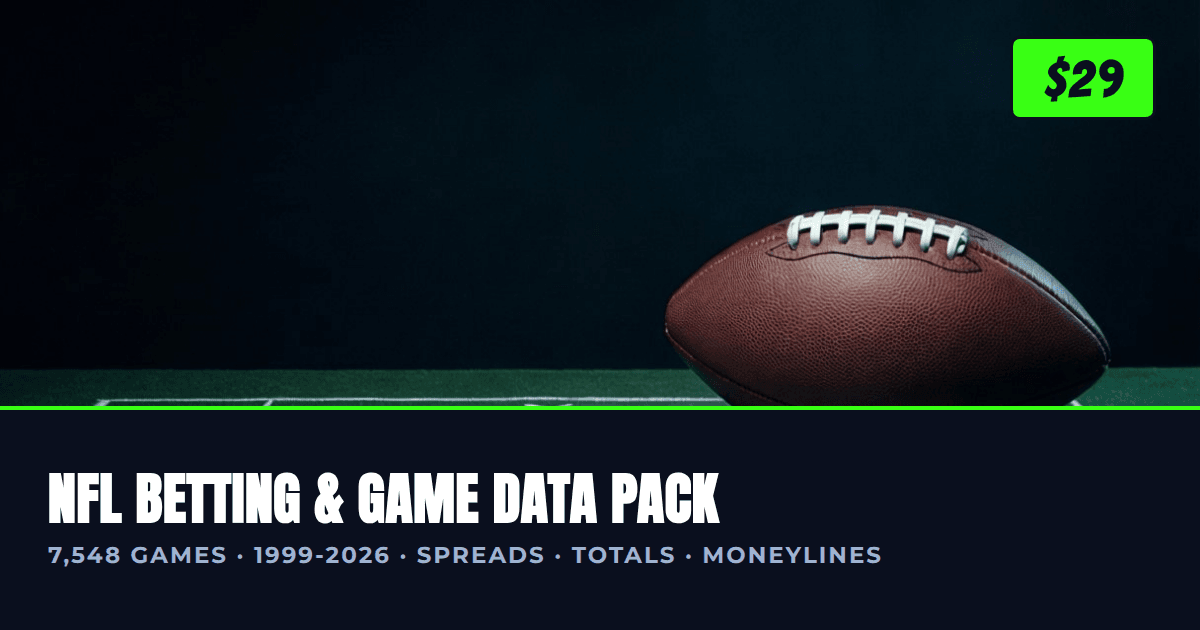 Cover for the NFL betting and game data pack: dark moody football scene with green accent bars and product title text