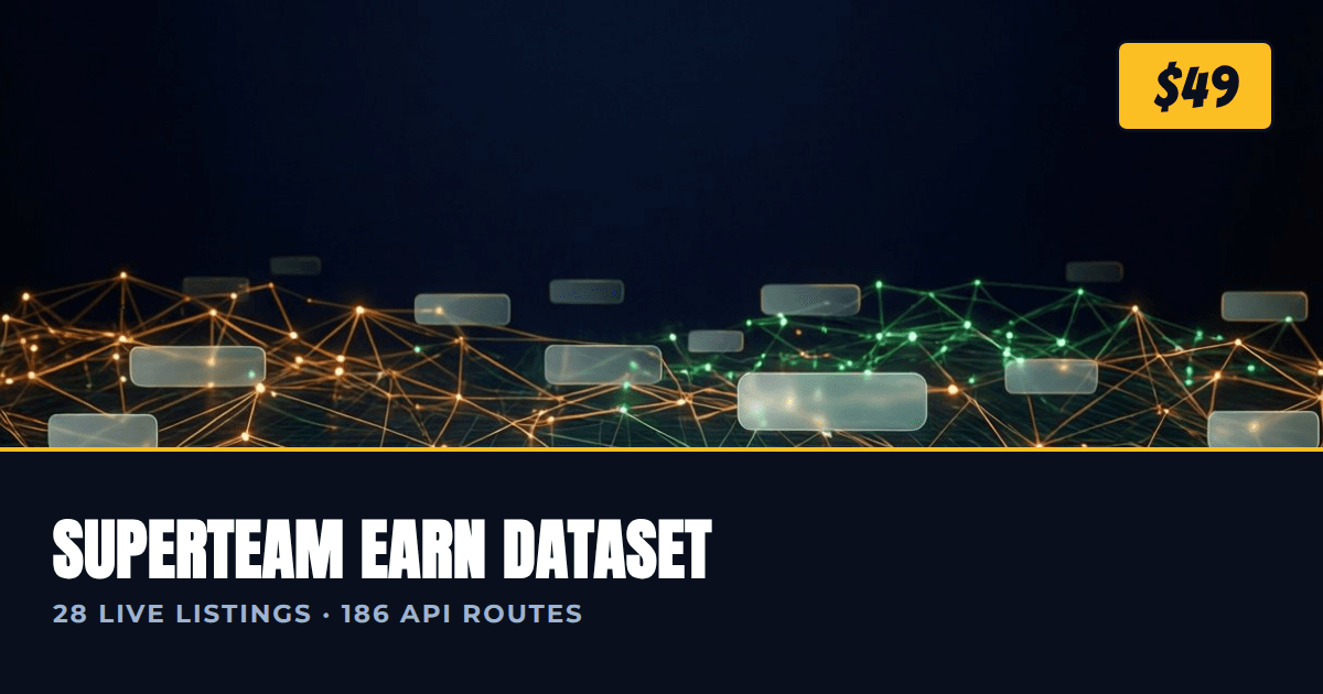 Superteam Earn dataset cover: 28 live listings and 186 API routes with amber accent title bar