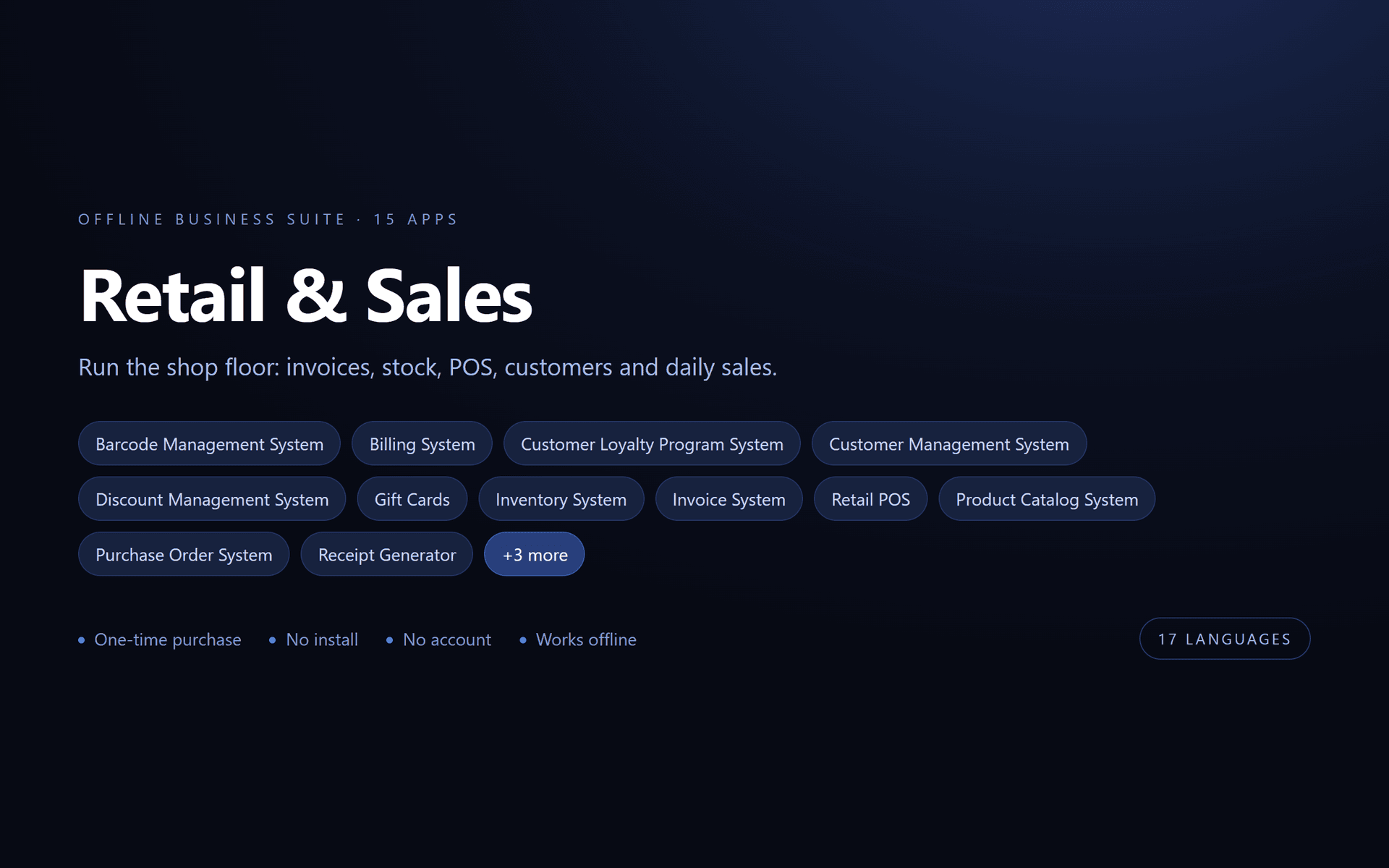 Retail & Sales Suite — 15 Offline Business Apps (No Install, 17 Languages)