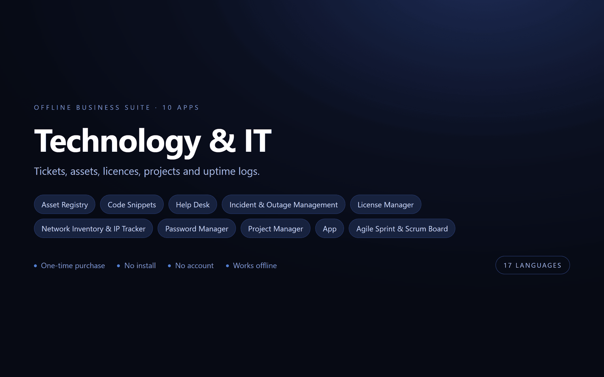 Technology & IT Suite — 10 Offline Business Apps (No Install, 17 Languages)