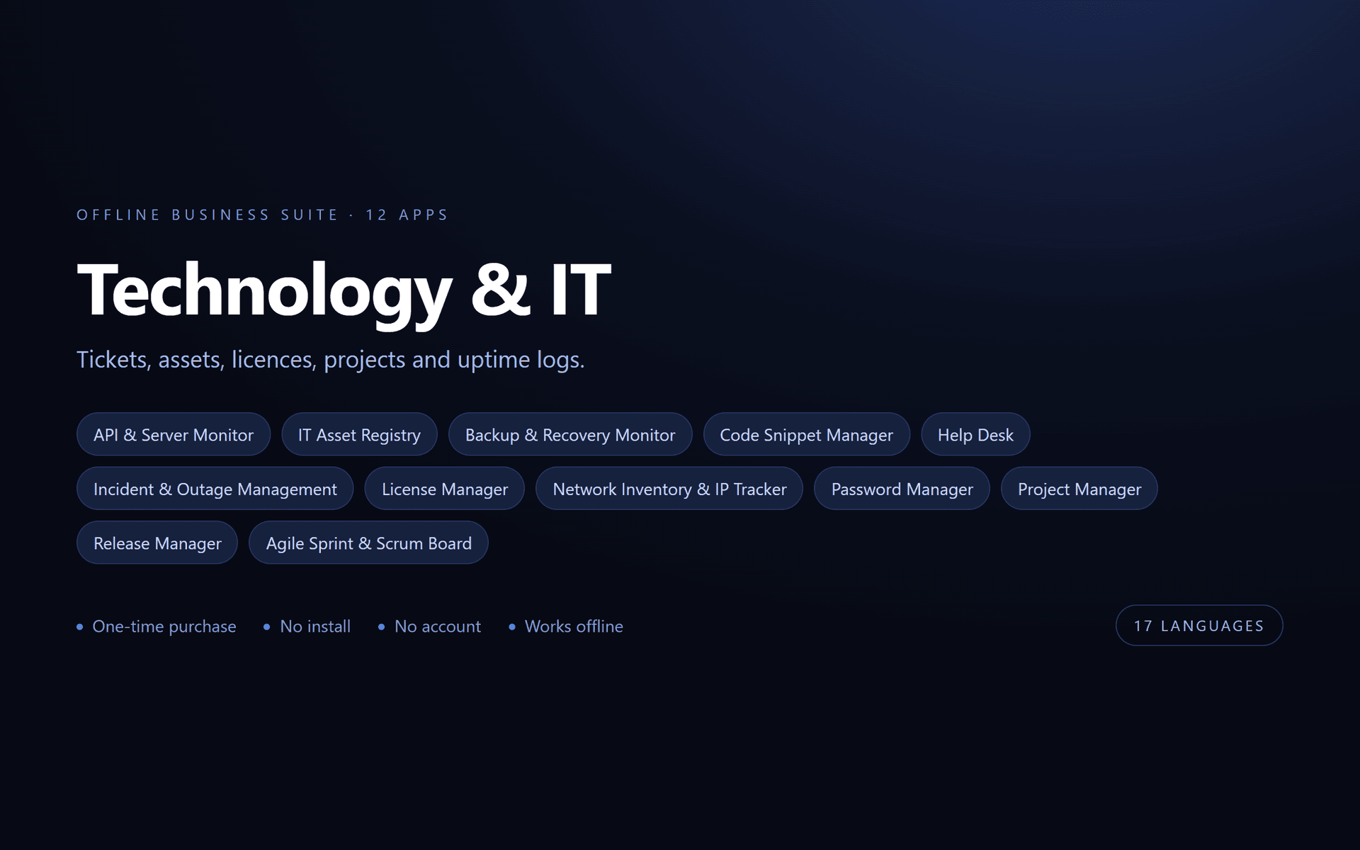Technology & IT Suite — 12 Offline Business Apps (No Install, 17 Languages)