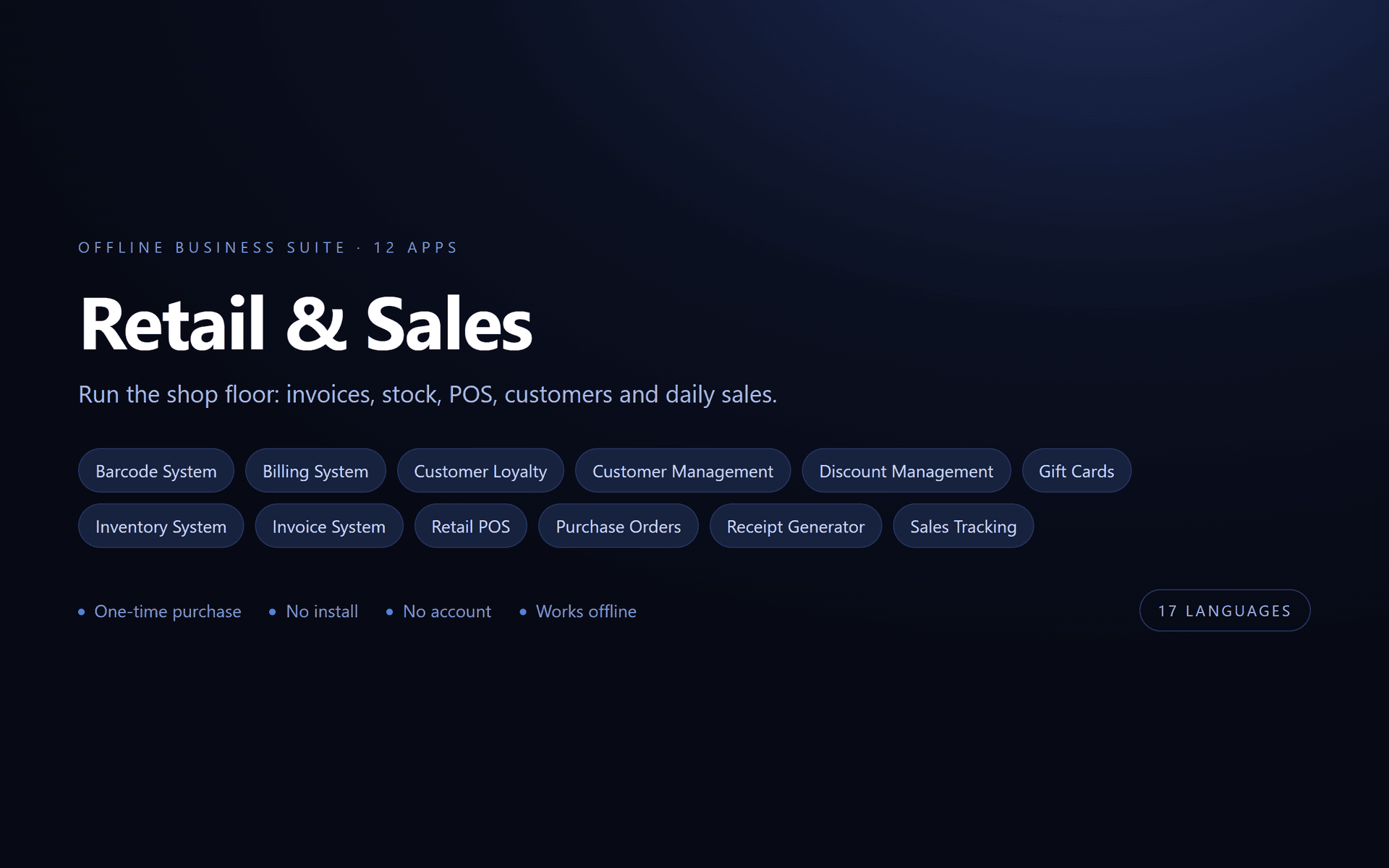 Retail & Sales Suite — 12 Offline Business Apps (No Install, 17 Languages)