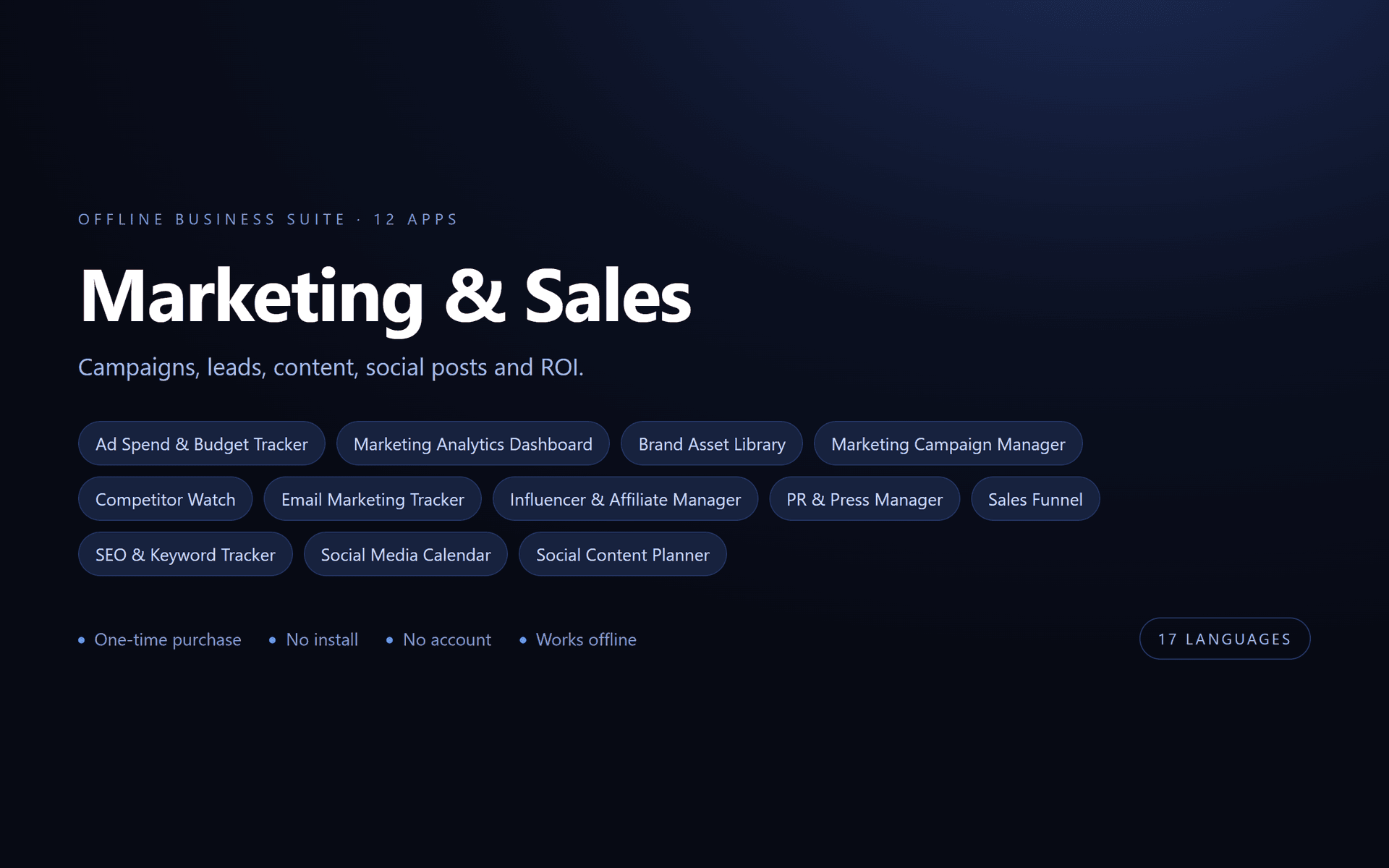 Marketing & Sales Suite — 12 Offline Business Apps (No Install, 17 Languages)