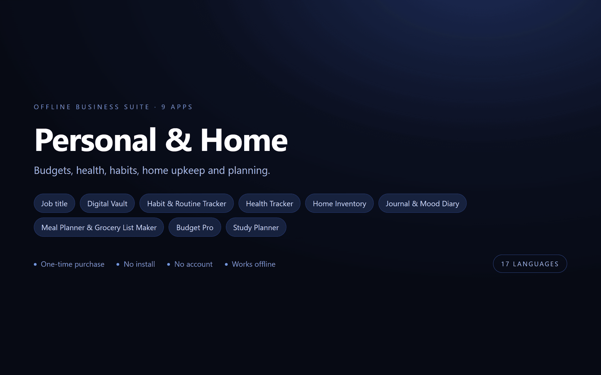 Personal & Home Suite — 9 Offline Business Apps (No Install, 17 Languages)