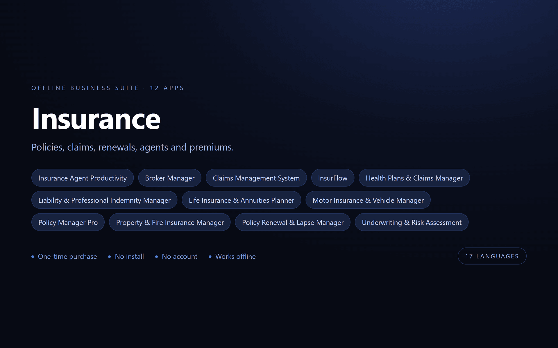 Insurance Suite — 12 Offline Business Apps (No Install, 17 Languages)