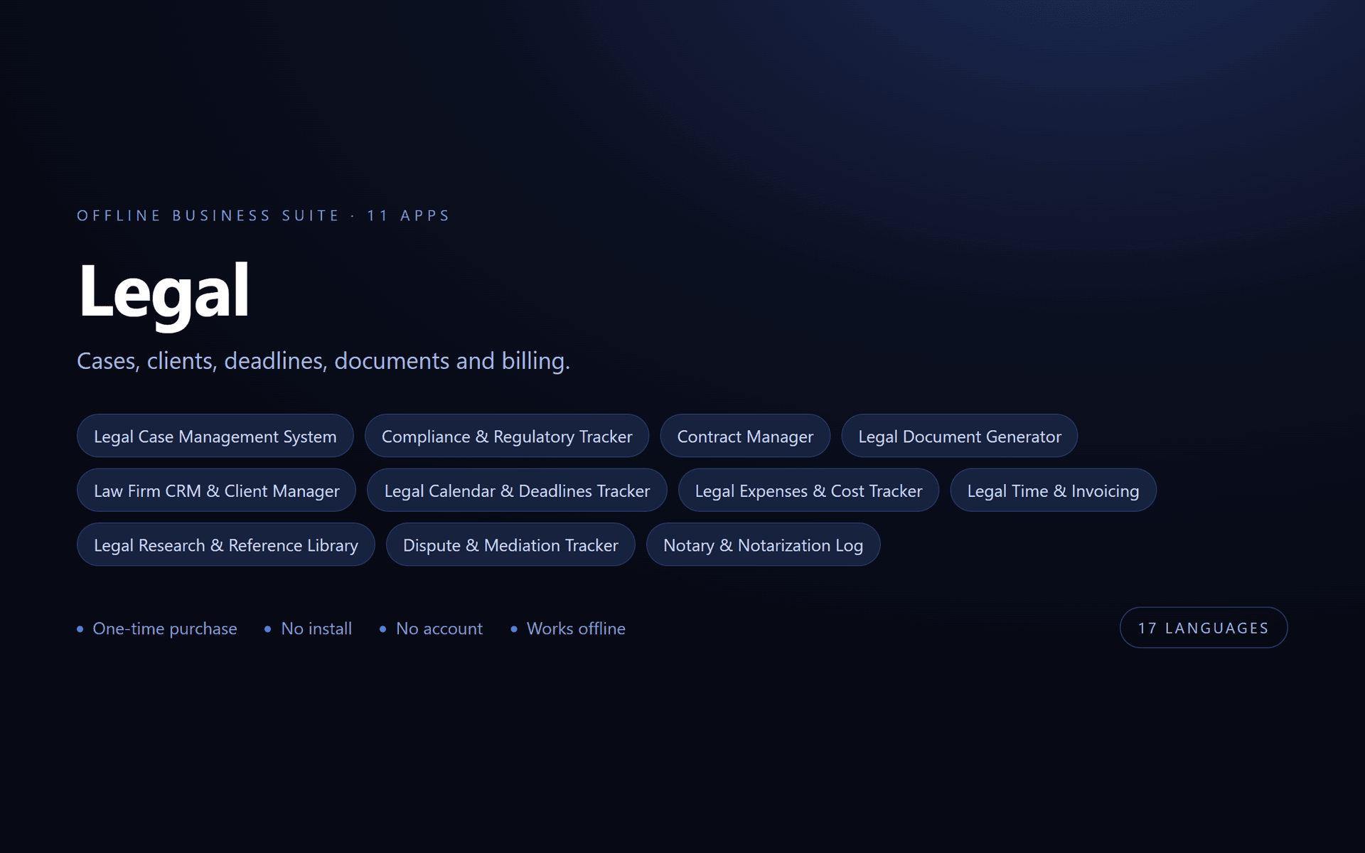 Legal Suite — 11 Offline Business Apps (No Install, 17 Languages)