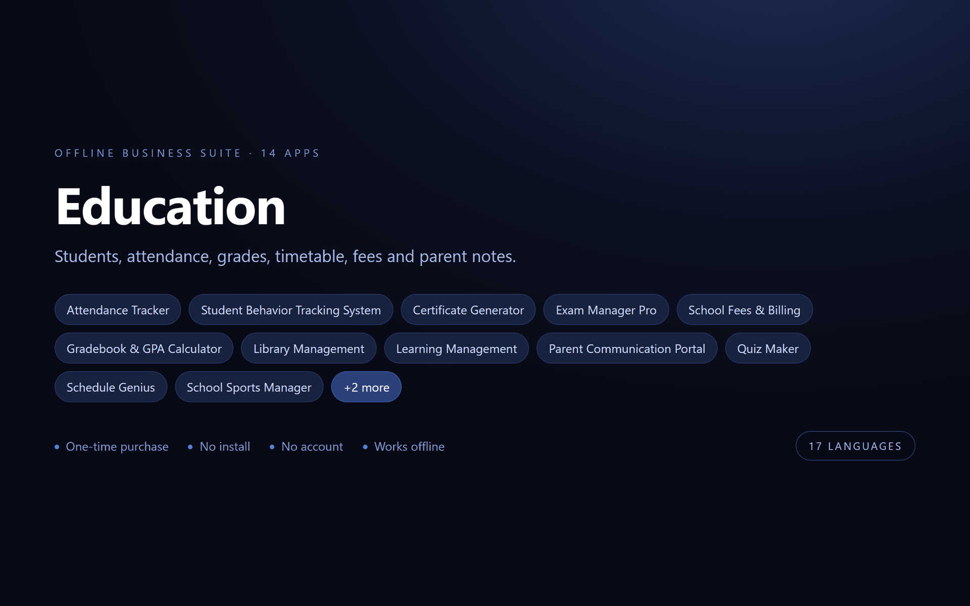 Education Suite — 14 Offline Business Apps (No Install, 17 Languages)