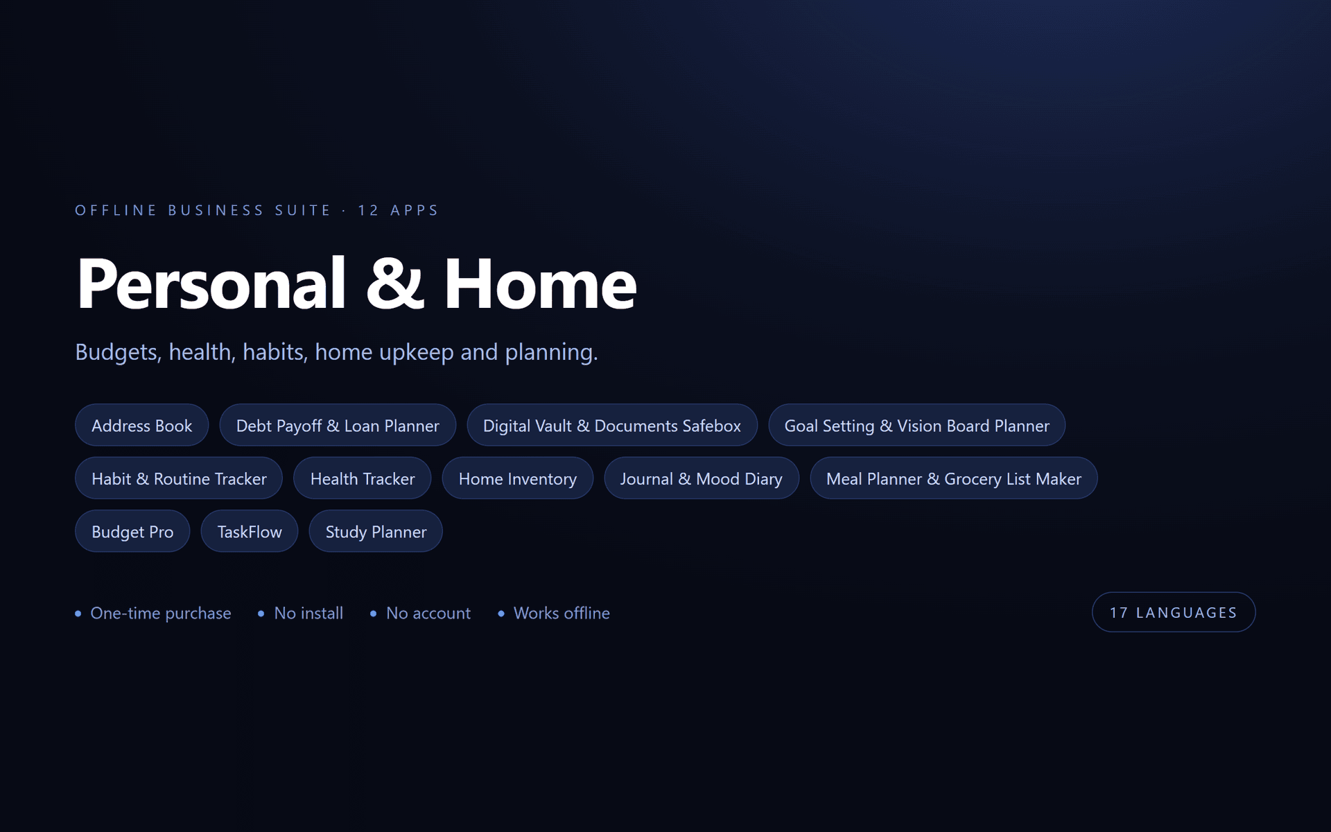 Personal & Home Suite — 12 Offline Business Apps (No Install, 17 Languages)