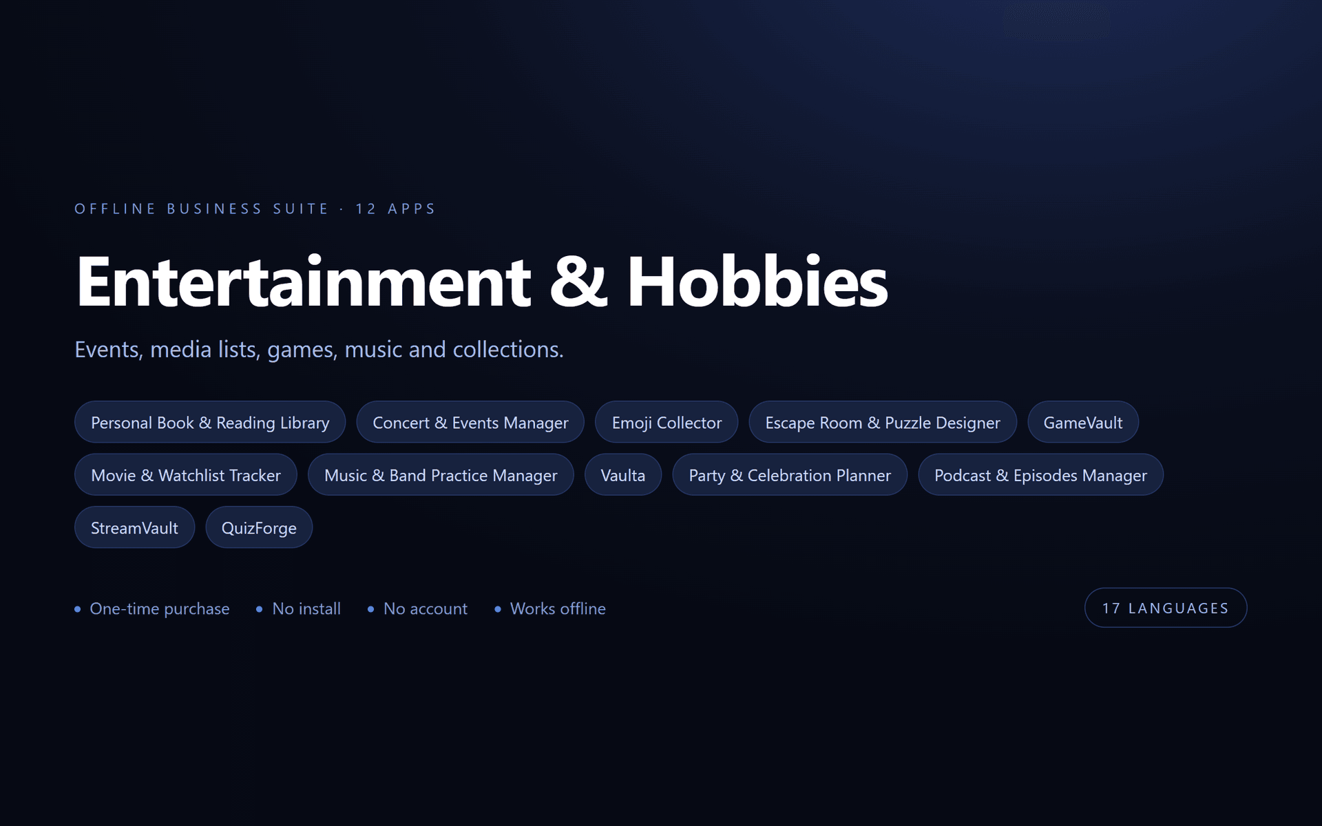Entertainment & Hobbies Suite — 12 Offline Business Apps (No Install, 17 Languages)