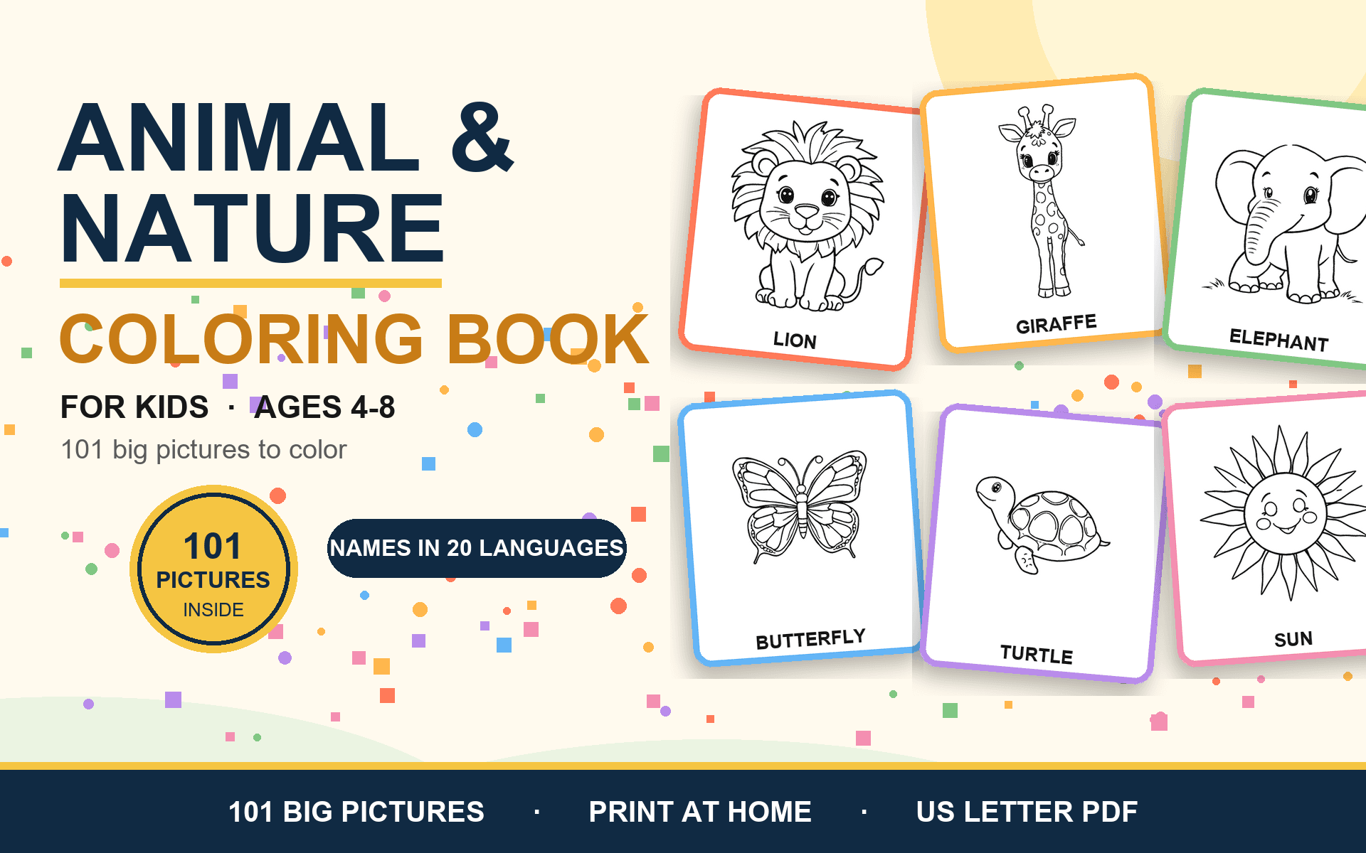 Animal & Nature Coloring Book for Kids 4-8: 60 Pages, Names in 20 Languages