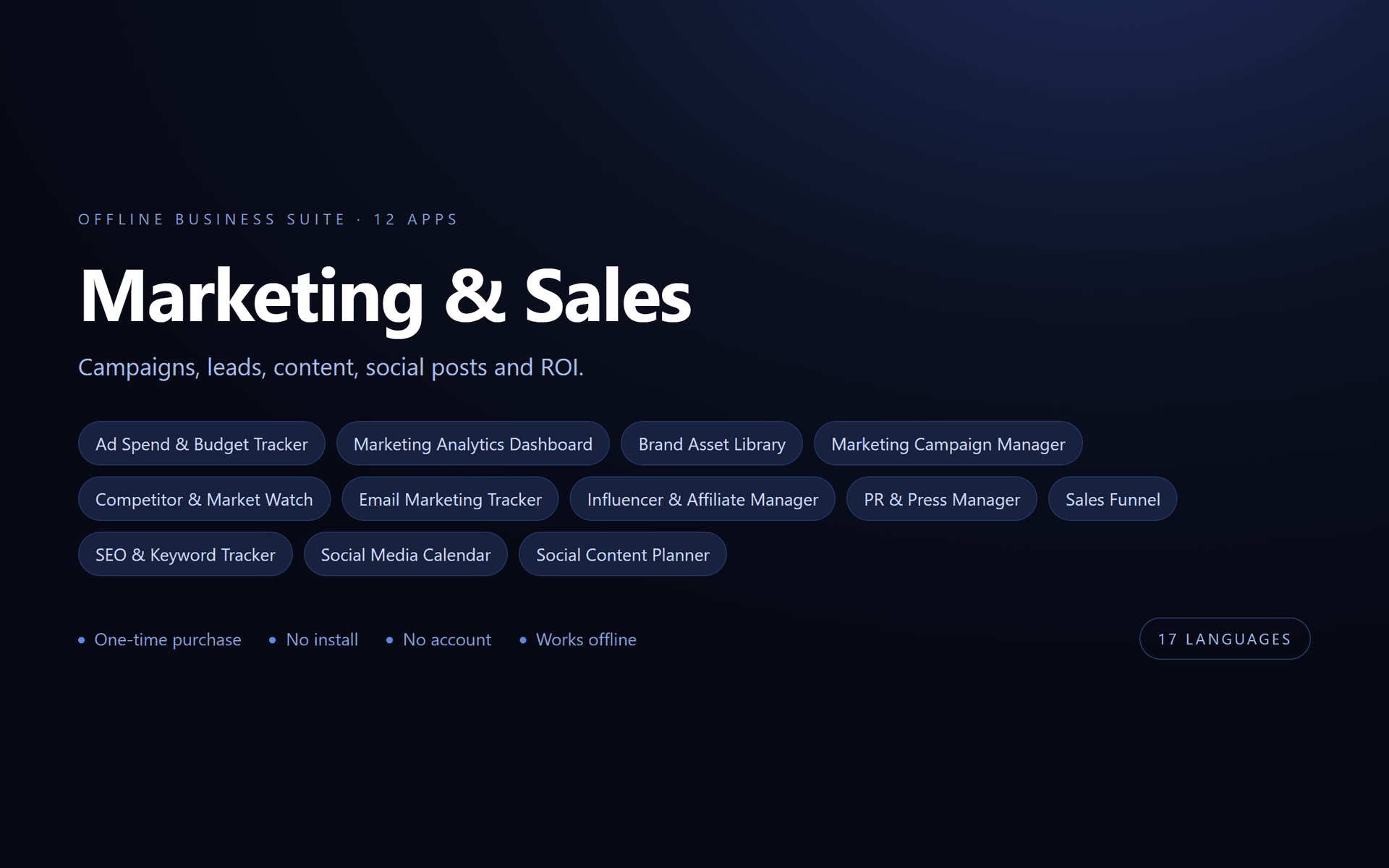 Marketing & Sales Suite — 12 Offline Business Apps (No Install, 17 Languages)