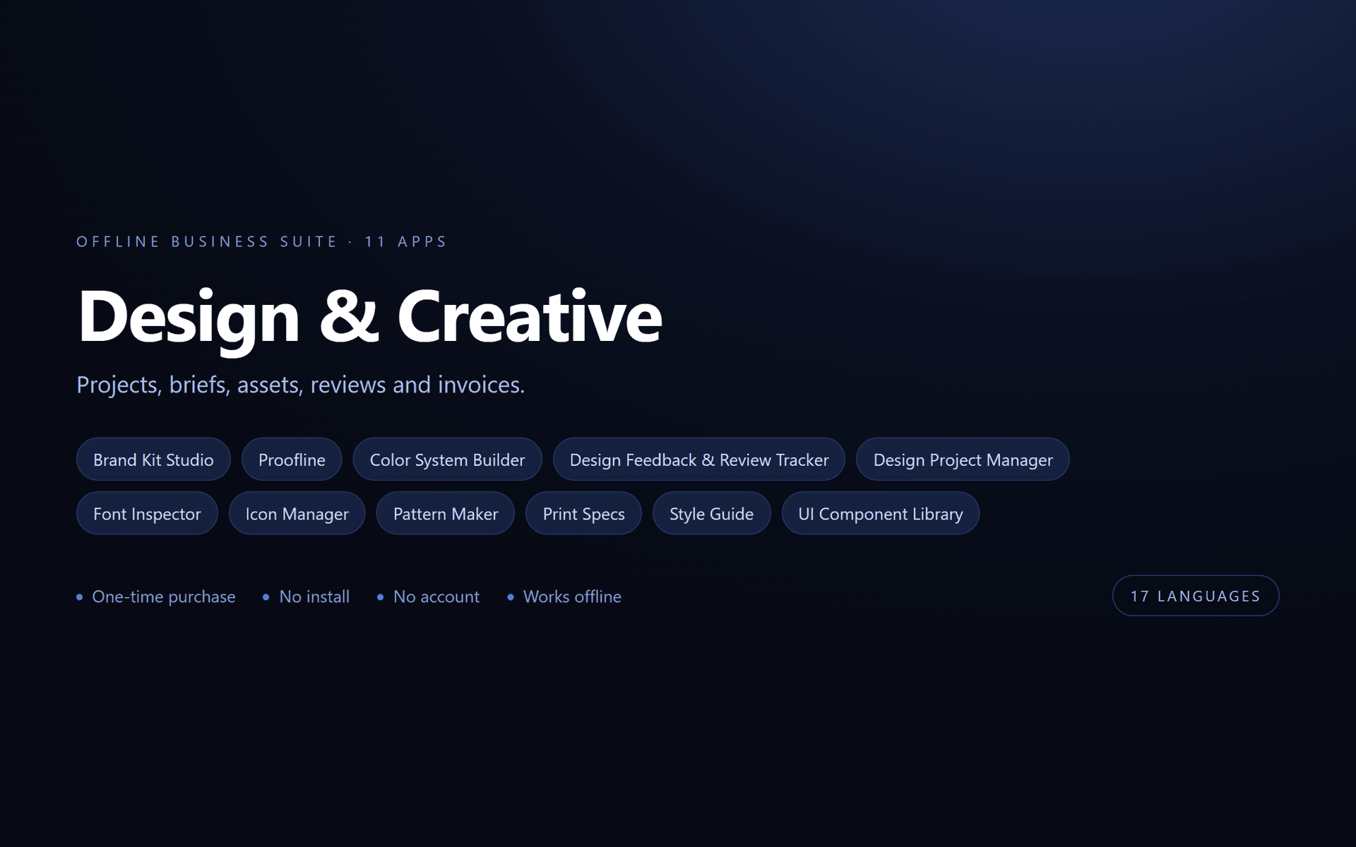 Design & Creative Suite — 11 Offline Business Apps (No Install, 17 Languages)