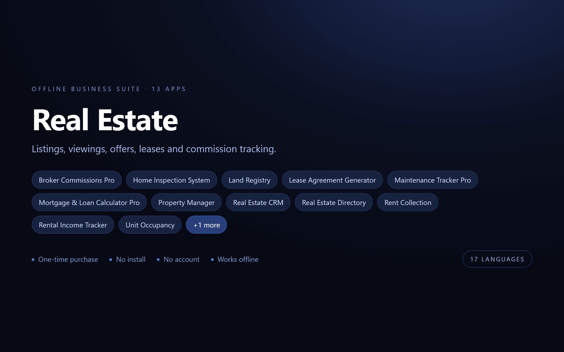 Real Estate Suite — 13 Offline Business Apps (No Install, 17 Languages)