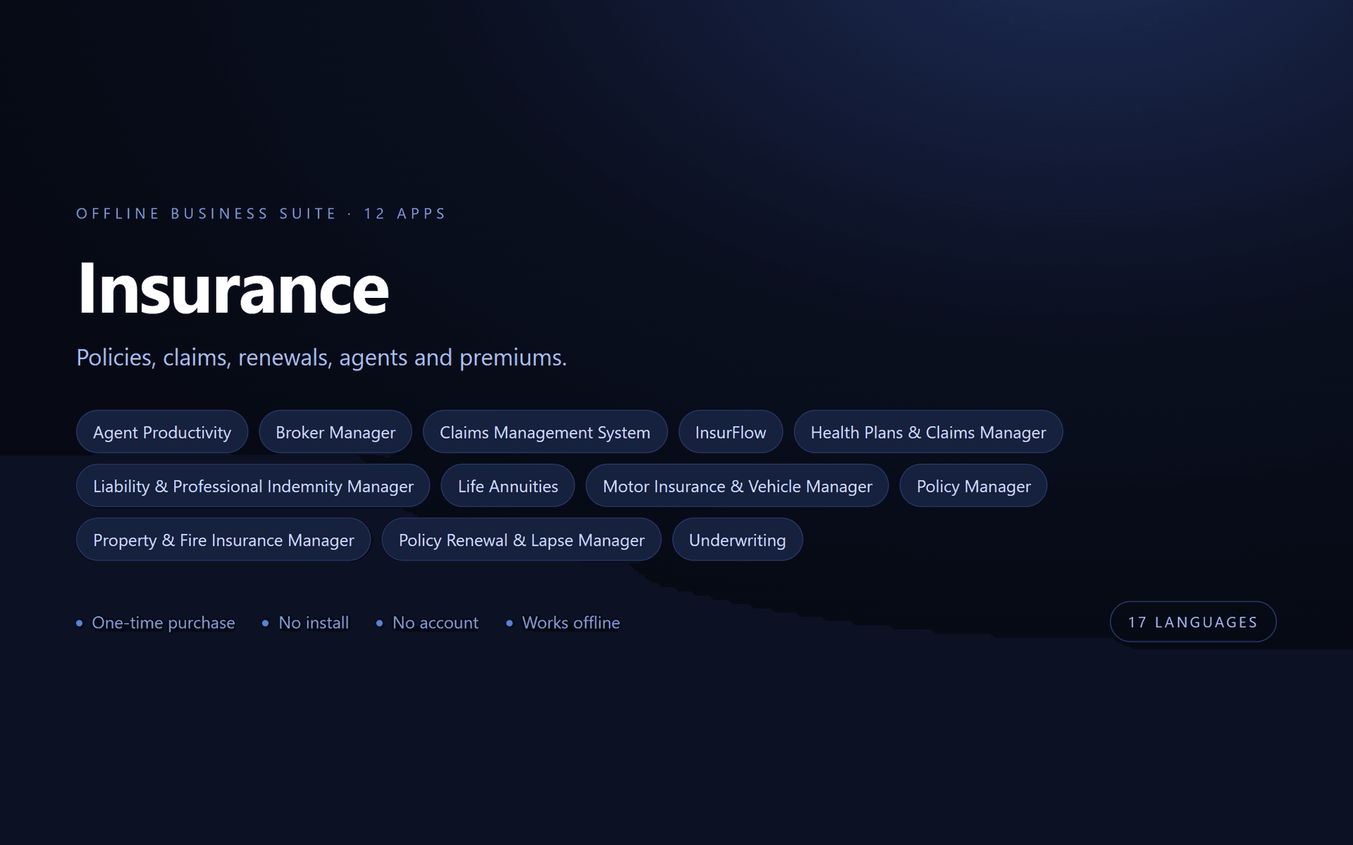 Insurance Suite — 12 Offline Business Apps (No Install, 17 Languages)