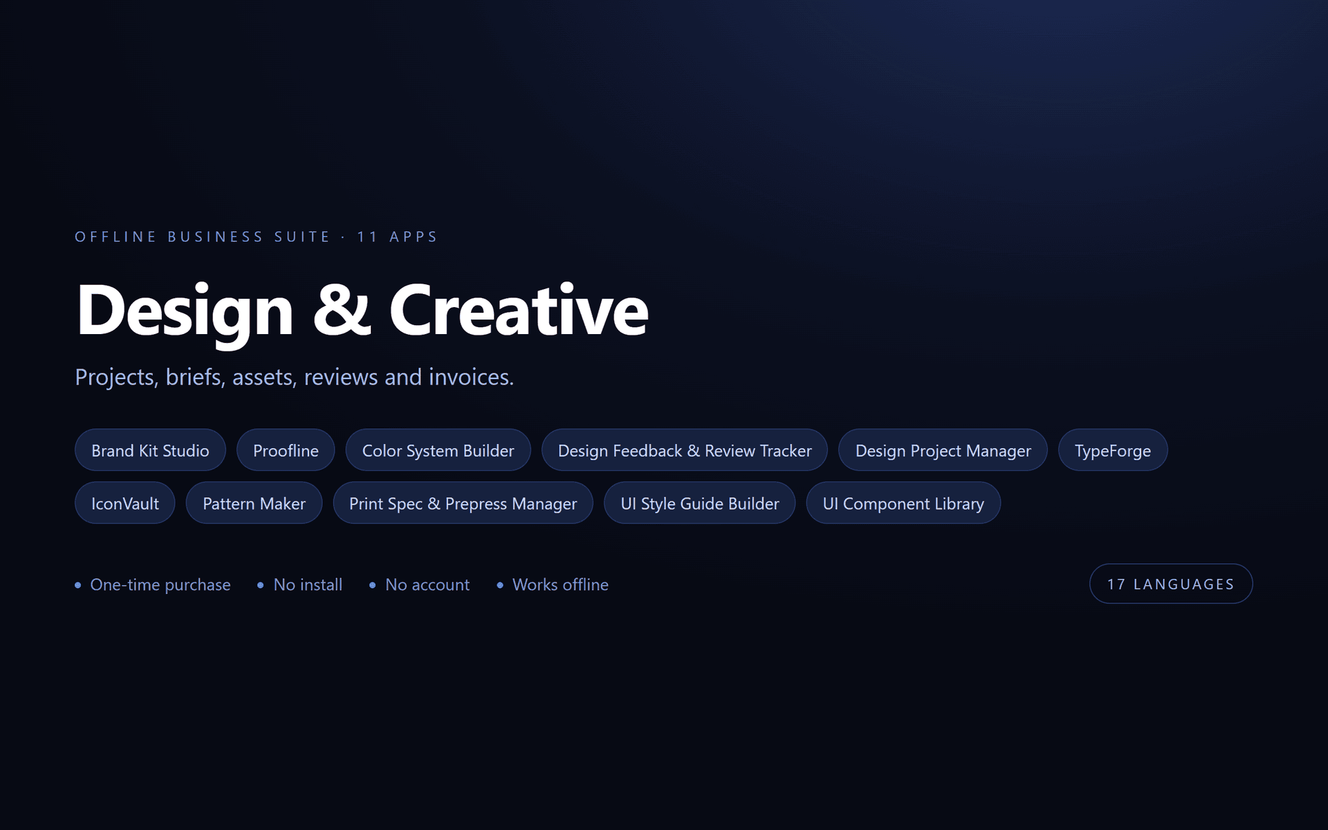 Design & Creative Suite — 11 Offline Business Apps (No Install, 17 Languages)