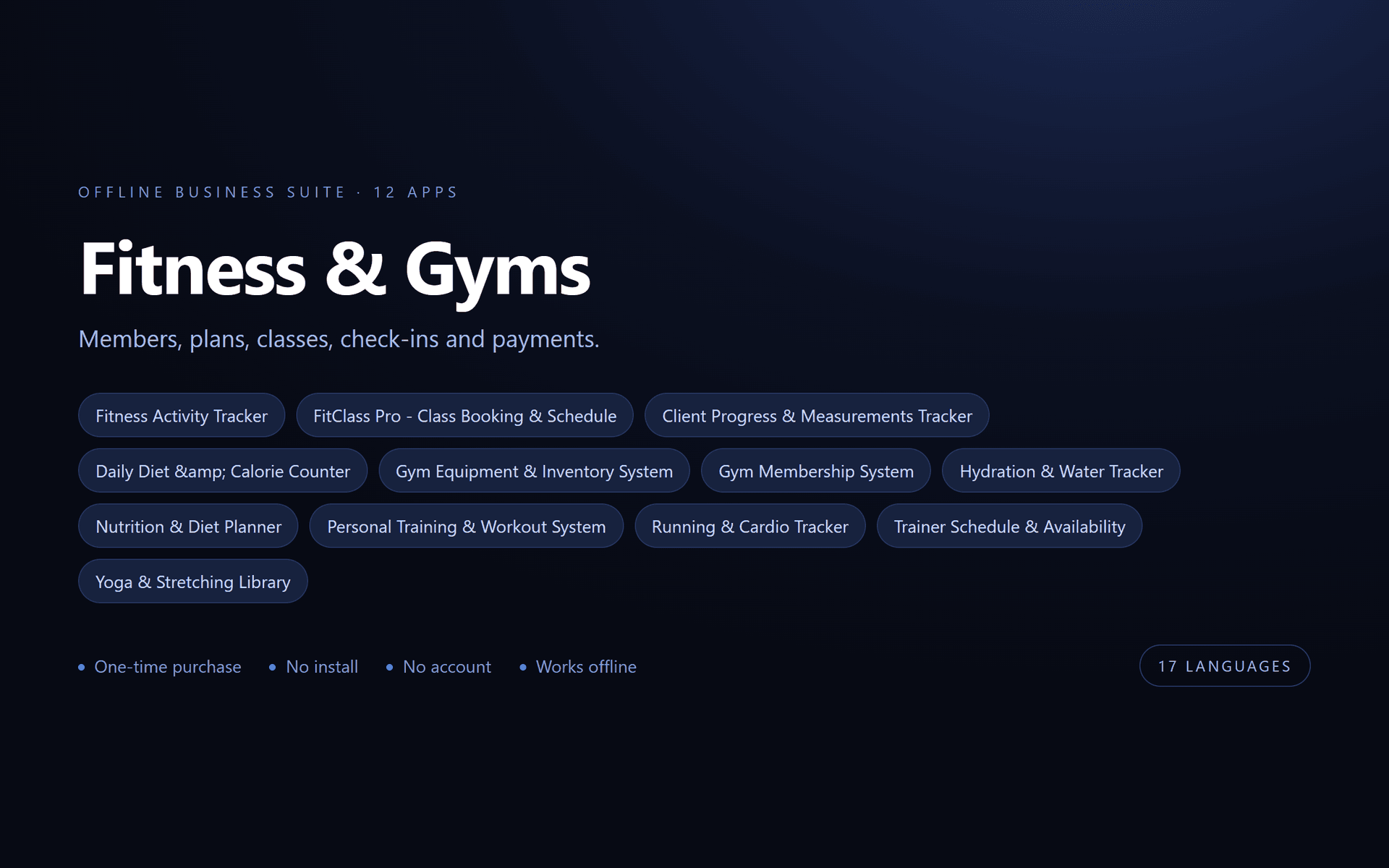 Fitness & Gyms Suite — 12 Offline Business Apps (No Install, 17 Languages)