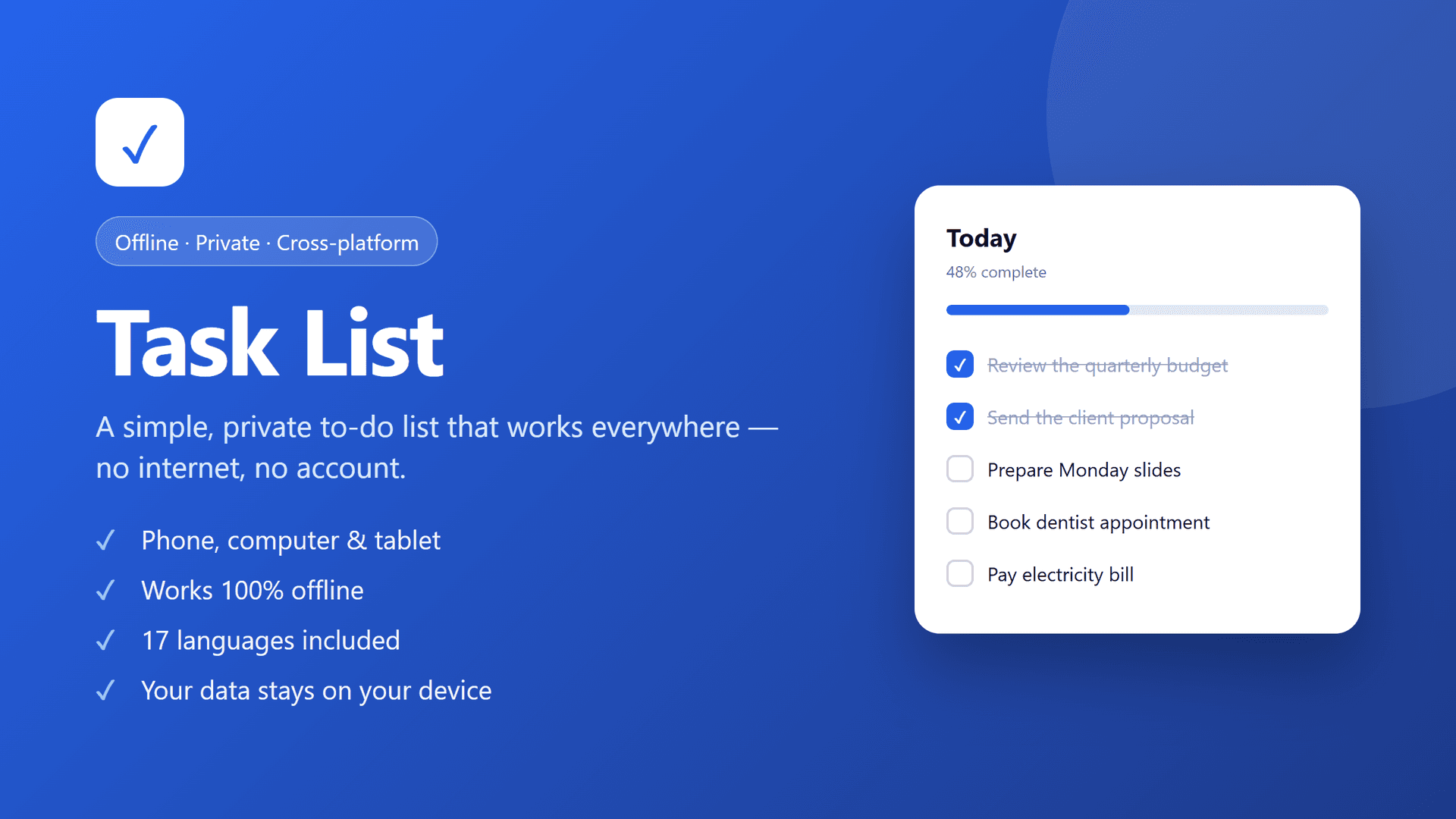 Task List — Офлайн-менеджер задач для телефона, компьютера и веба (17 языков)