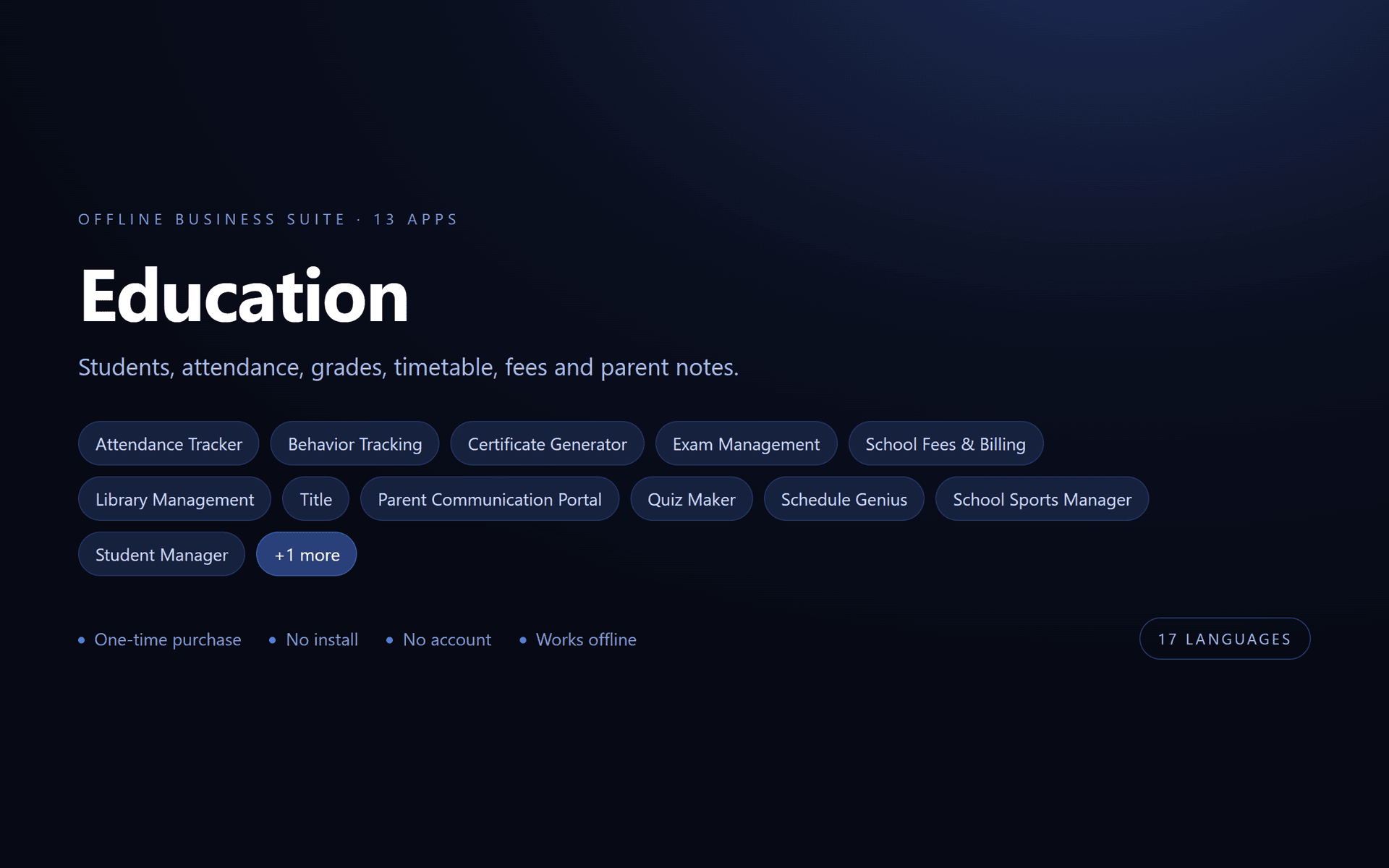 Education Suite — 13 Offline Business Apps (No Install, 17 Languages)