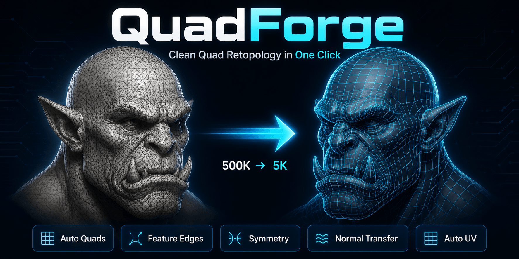 QuadForge — Automated Retopology for Blender (Sculpts & 3D Scans)