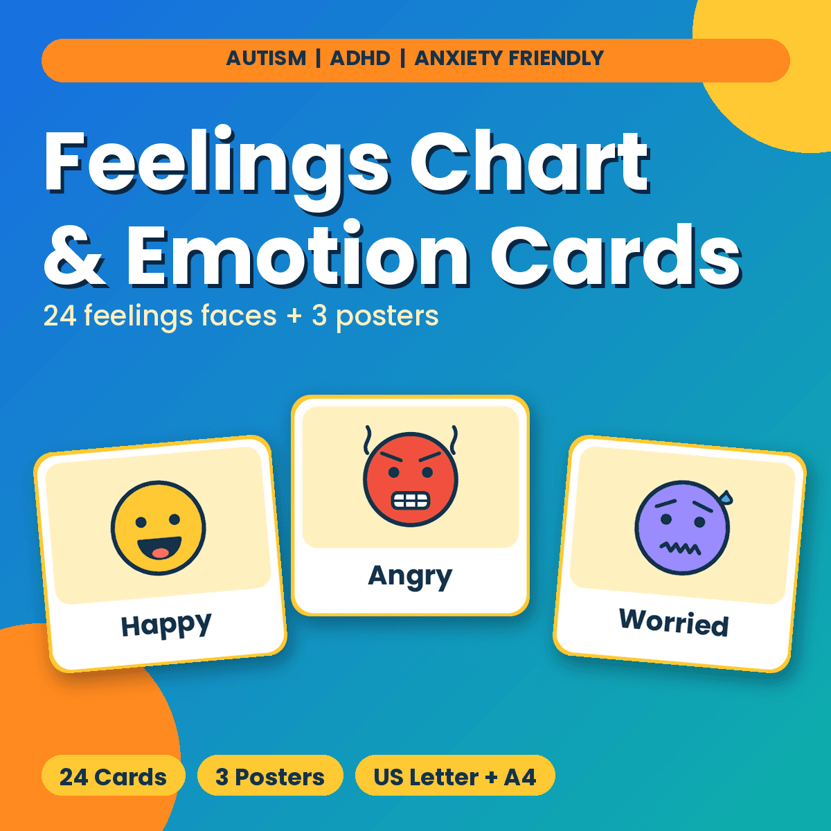 Feelings Chart for Kids cover - 24 printable emotion cards and feelings check-in posters