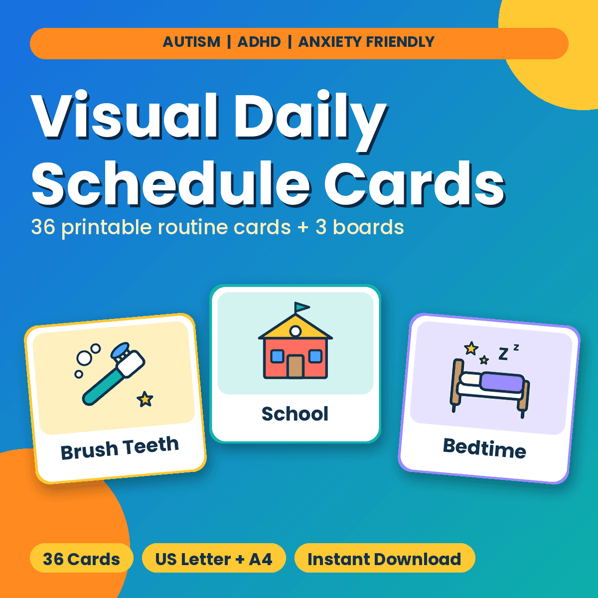 Visual Daily Schedule Cards cover - 36 printable routine cards for autism and ADHD friendly routines