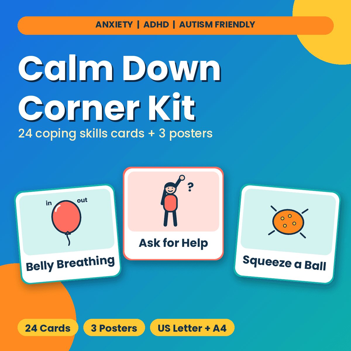 Calm Down Corner Kit cover - 24 printable coping skills cards and posters for kids