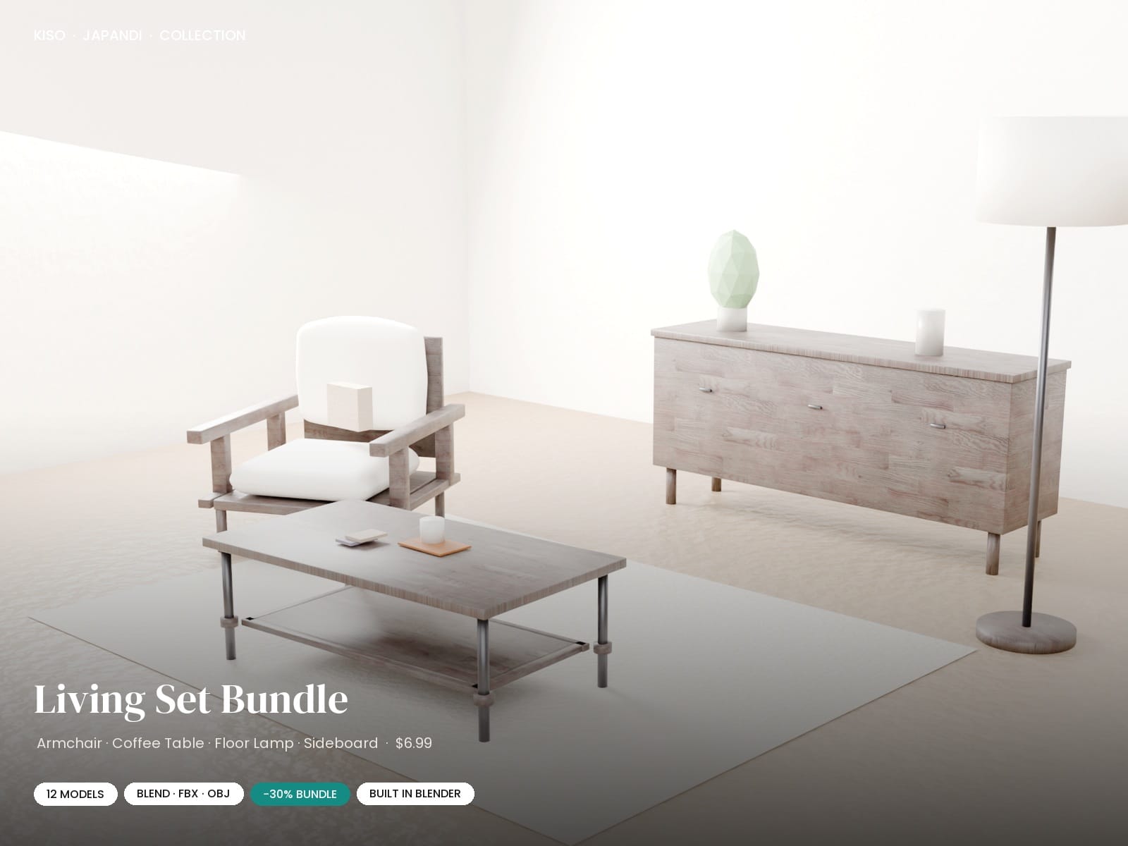 Japandi Living Room 3D Model Bundle | Armchair, Coffee Table, Floor Lamp, Sideboard | Blender FBX OB