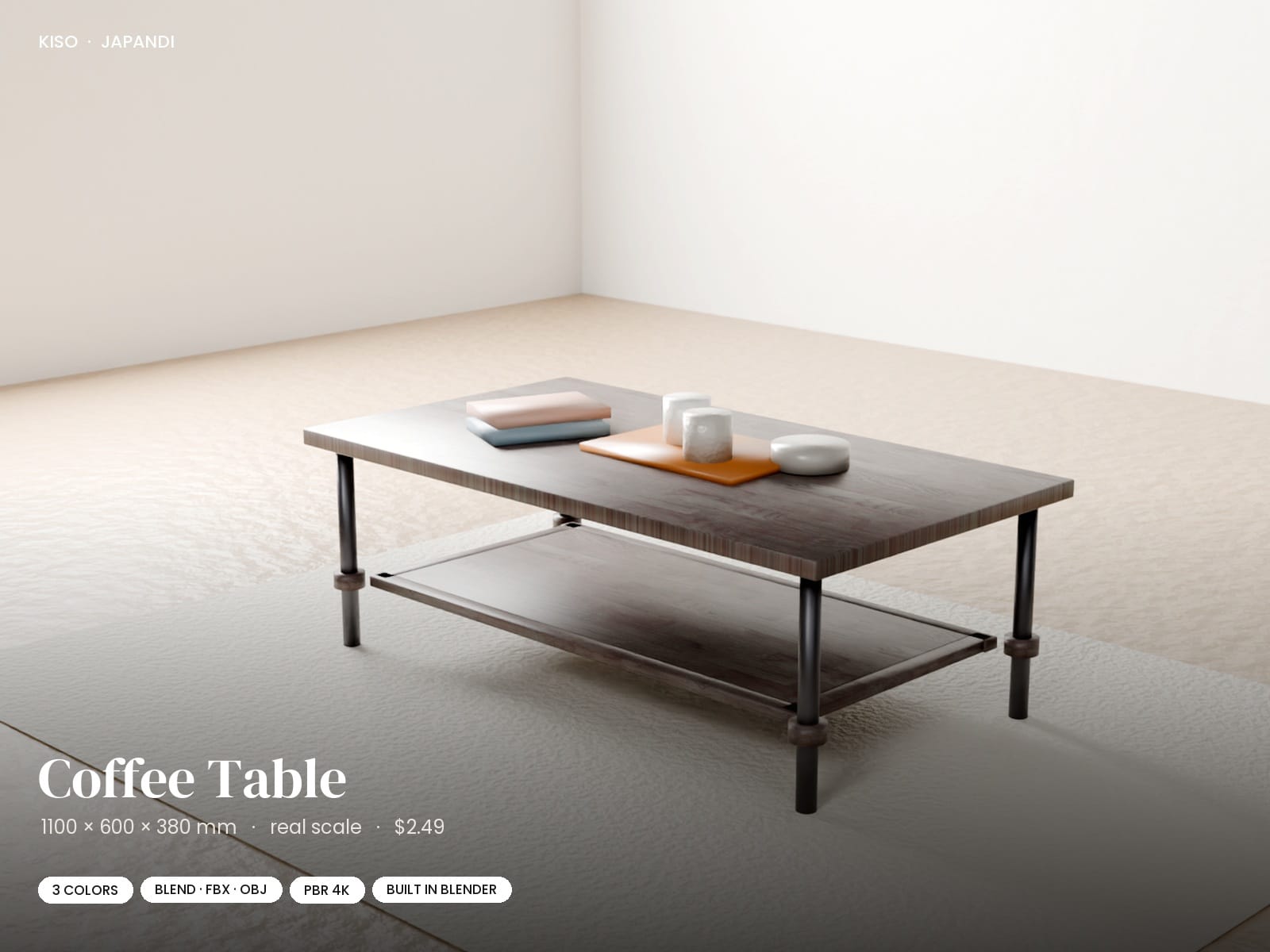Japandi Coffee Table 3D Model | Blender FBX OBJ | PBR Wood Textures | 3 Variants